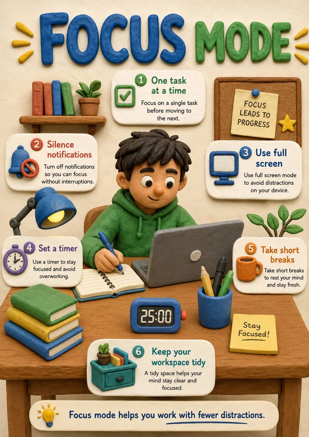 2 Silence Notifications infographic poster showing FOCUS MODE, 1 One task at a time, Focus on a single task before moving to the next.,...