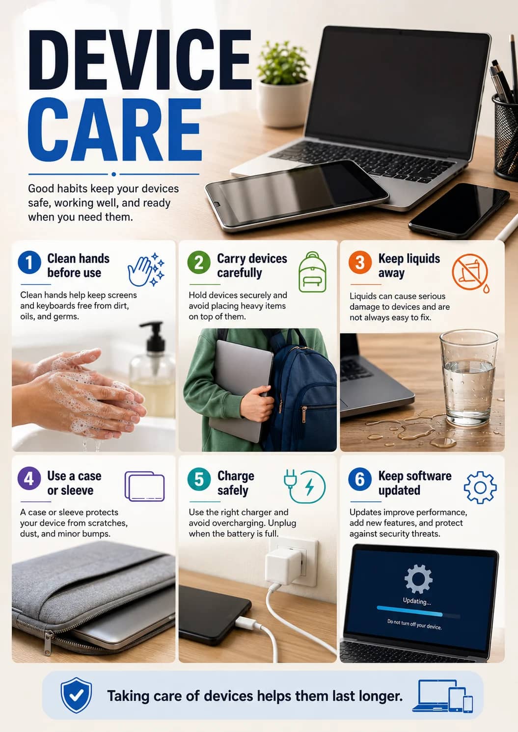 Device Care infographic poster showing Good habits keep your devices safe, working well, and ready when you need them., 1 Clean hands...