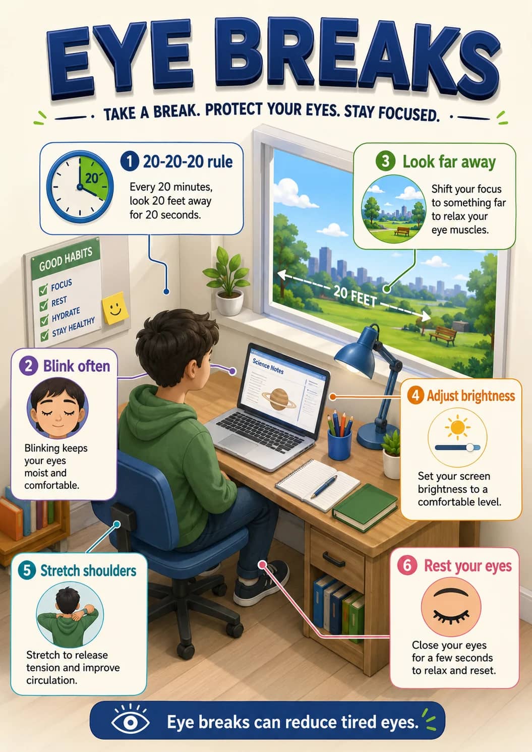Eye Breaks infographic poster showing TAKE A BREAK. PROTECT YOUR EYES. STAY FOCUSED., 1 20-20-20 rule, Every 20 minutes, look 20 feet away...
