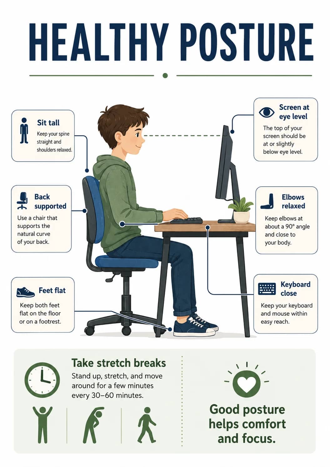 Healthy Posture infographic poster showing Take stretch breaks, Stand up, stretch, and move around for a few minutes every 30–60 minutes....
