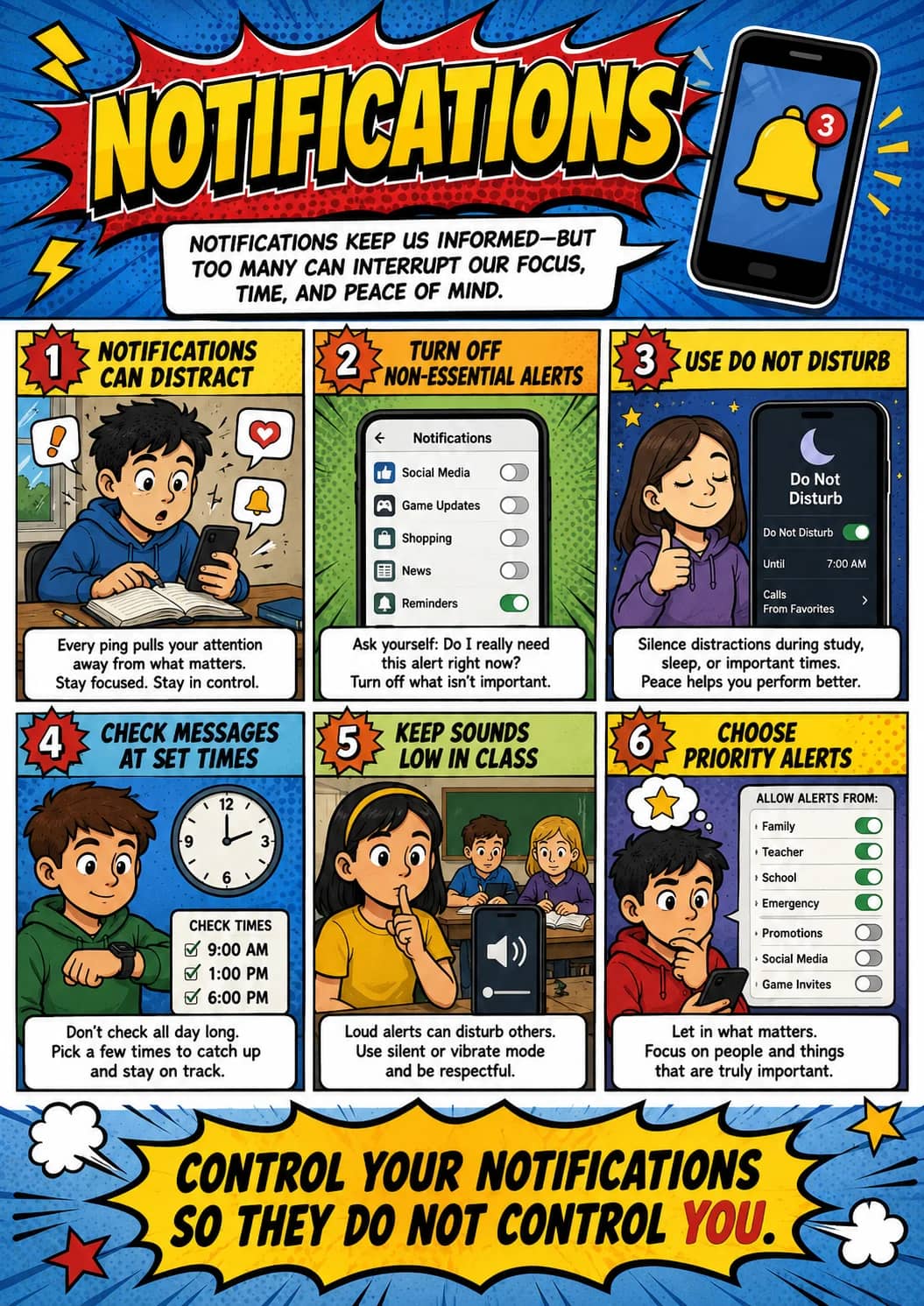 Notifications infographic poster showing CONTROL YOUR NOTIFICATIONS SO THEY DO NOT CONTROL YOU. for Digital Wellbeing.