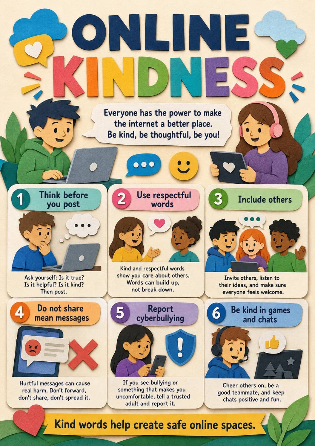 Online Kindness infographic poster showing Everyone has the power to make the internet a better place., Be kind, be thoughtful, be you!, 1...