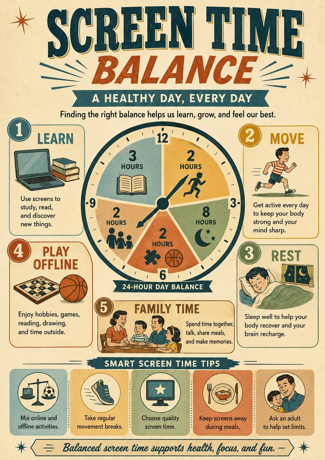Screen Time infographic poster showing BALANCE, A HEALTHY DAY, EVERY DAY, Finding the right balance helps us learn, grow, and feel our...