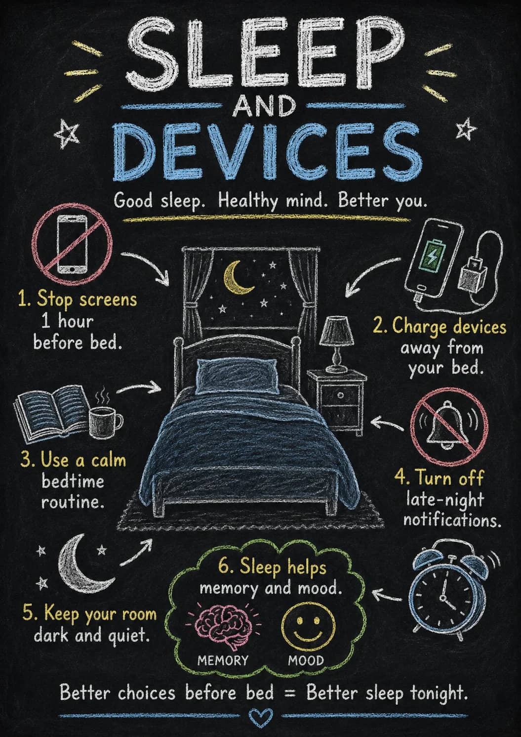 Sleep infographic poster showing AND, DEVICES, Good sleep. Healthy mind. Better you., 1. Stop screens and 1 hour for Digital Wellbeing.