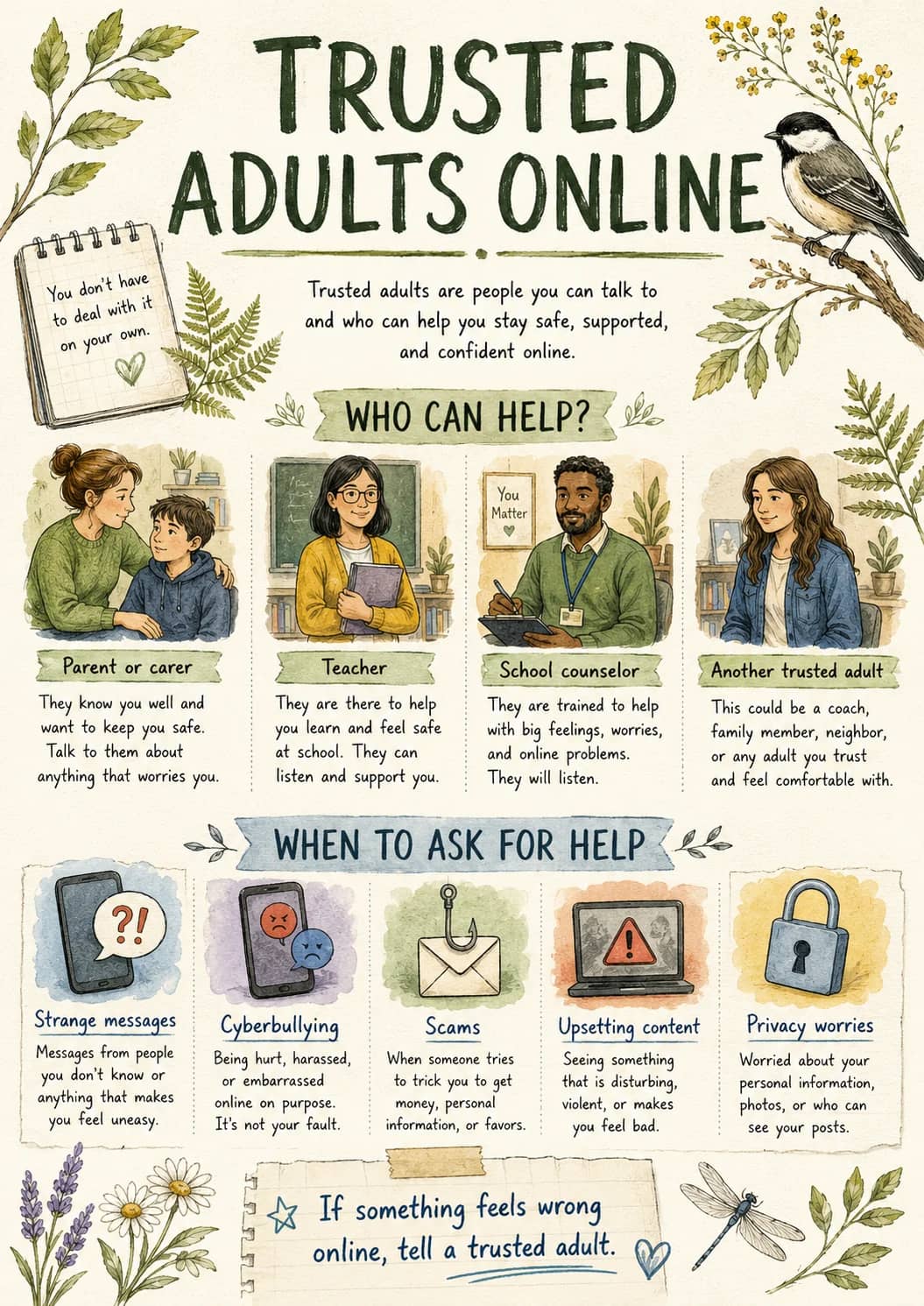 Trusted Adults Online infographic poster showing You don't have to deal with it on your own., WHO CAN HELP?, Parent or carer, Teacher and...