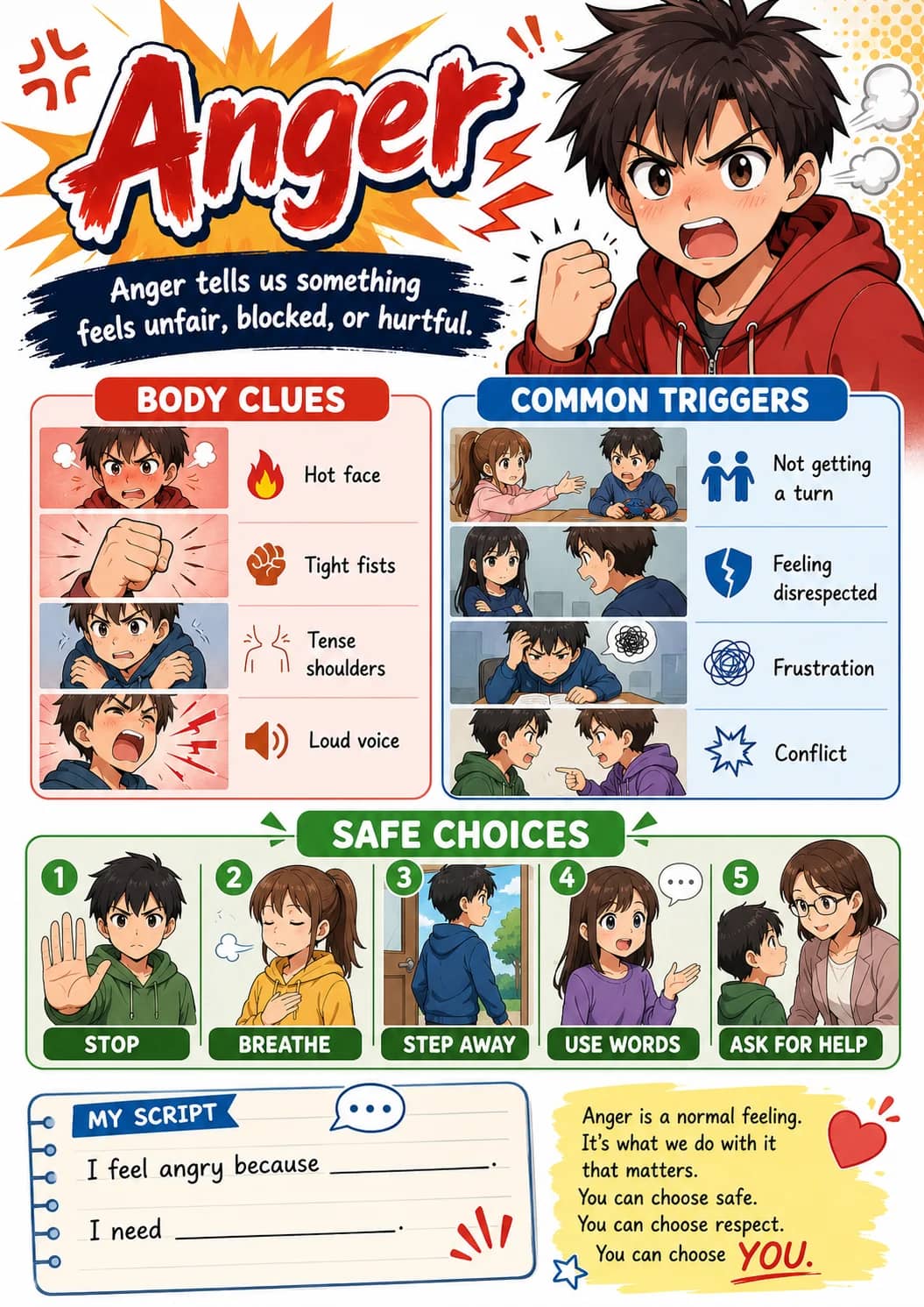 Anger infographic poster showing Anger tells us something feels unfair, blocked, or hurtful., BODY CLUES, Hot face, Tight fists and Tense...
