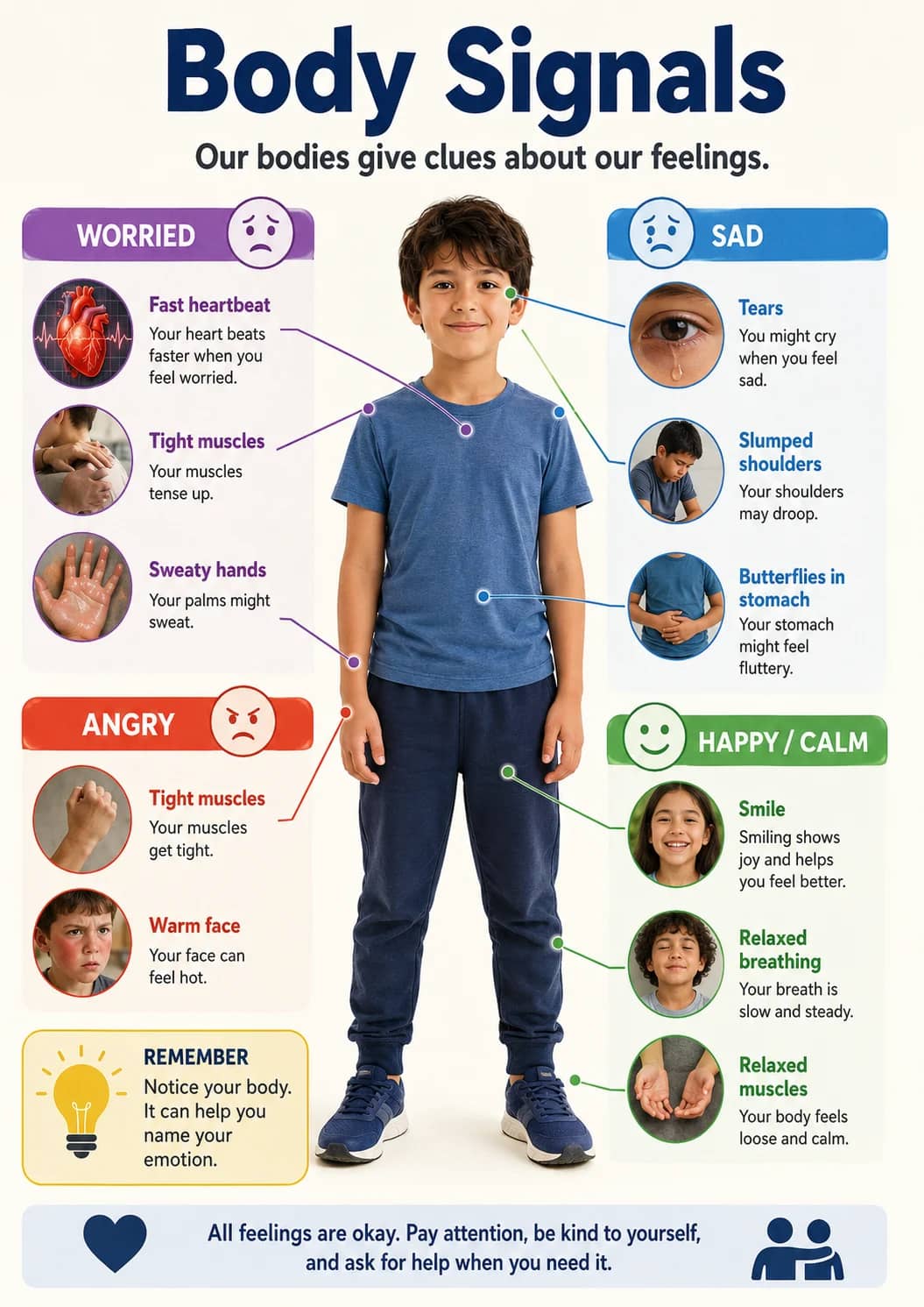Body Signals infographic poster showing Our bodies give clues about our feelings., WORRIED, Fast heartbeat, Your heart beats faster when...