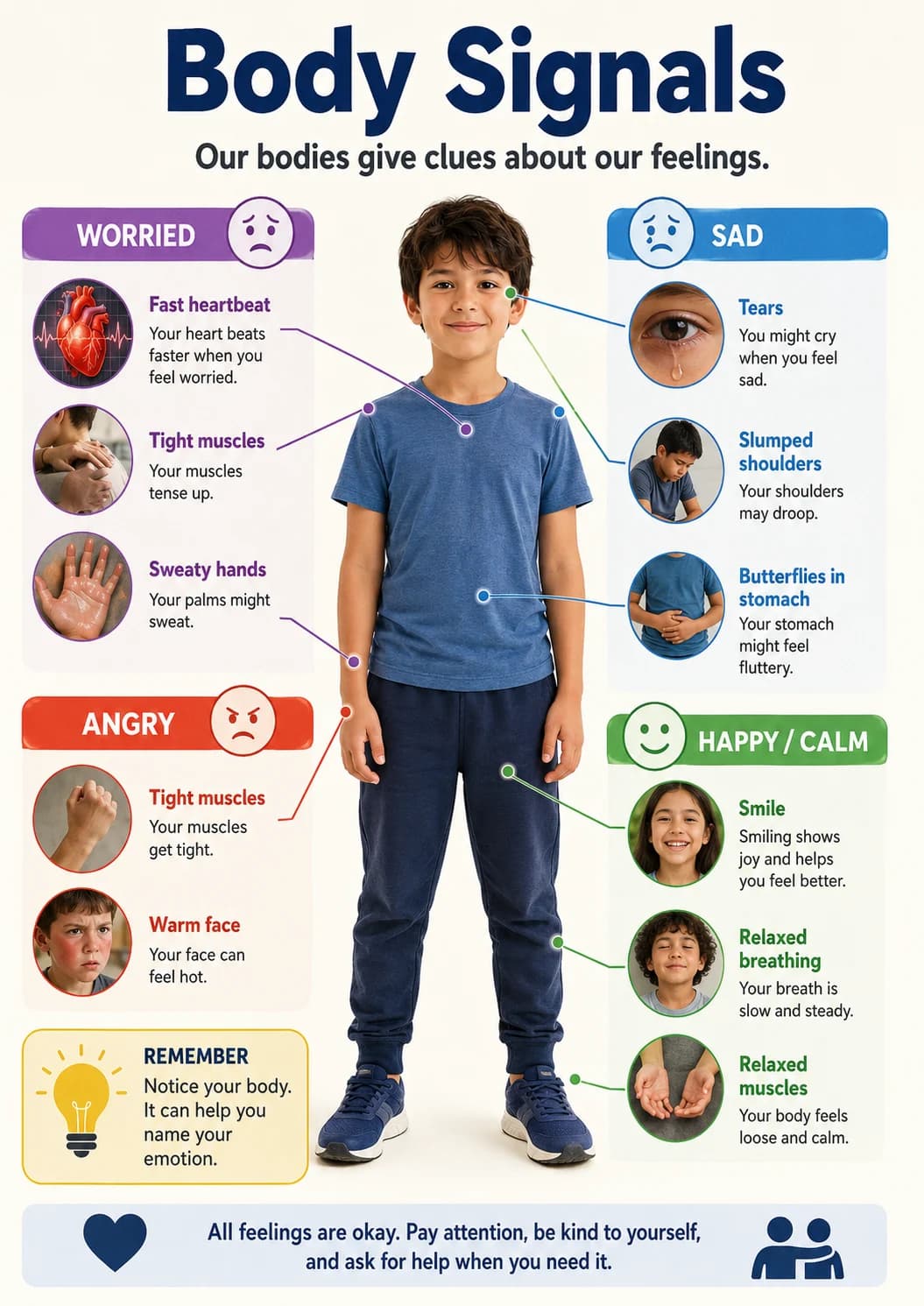 Body Signals infographic poster with clear labels for Emotions.