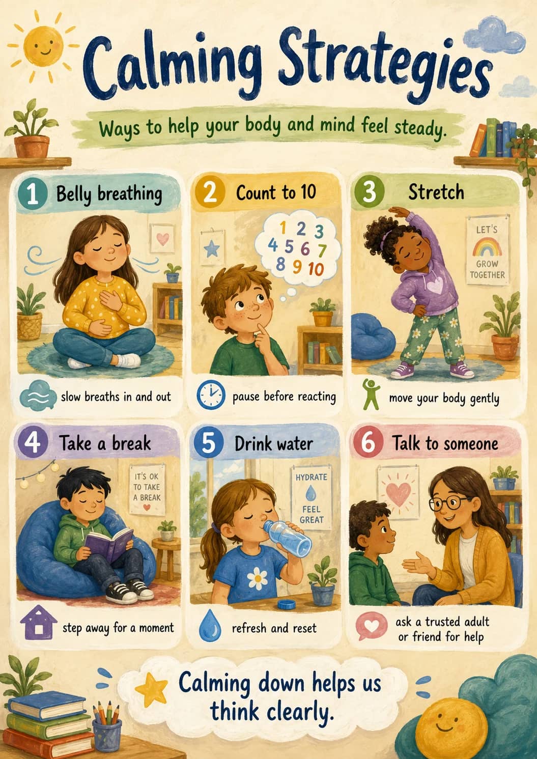 Calming Strategies infographic poster showing Ways to help your body and mind feel steady., 1 Belly breathing, slow breaths in and out, 2...