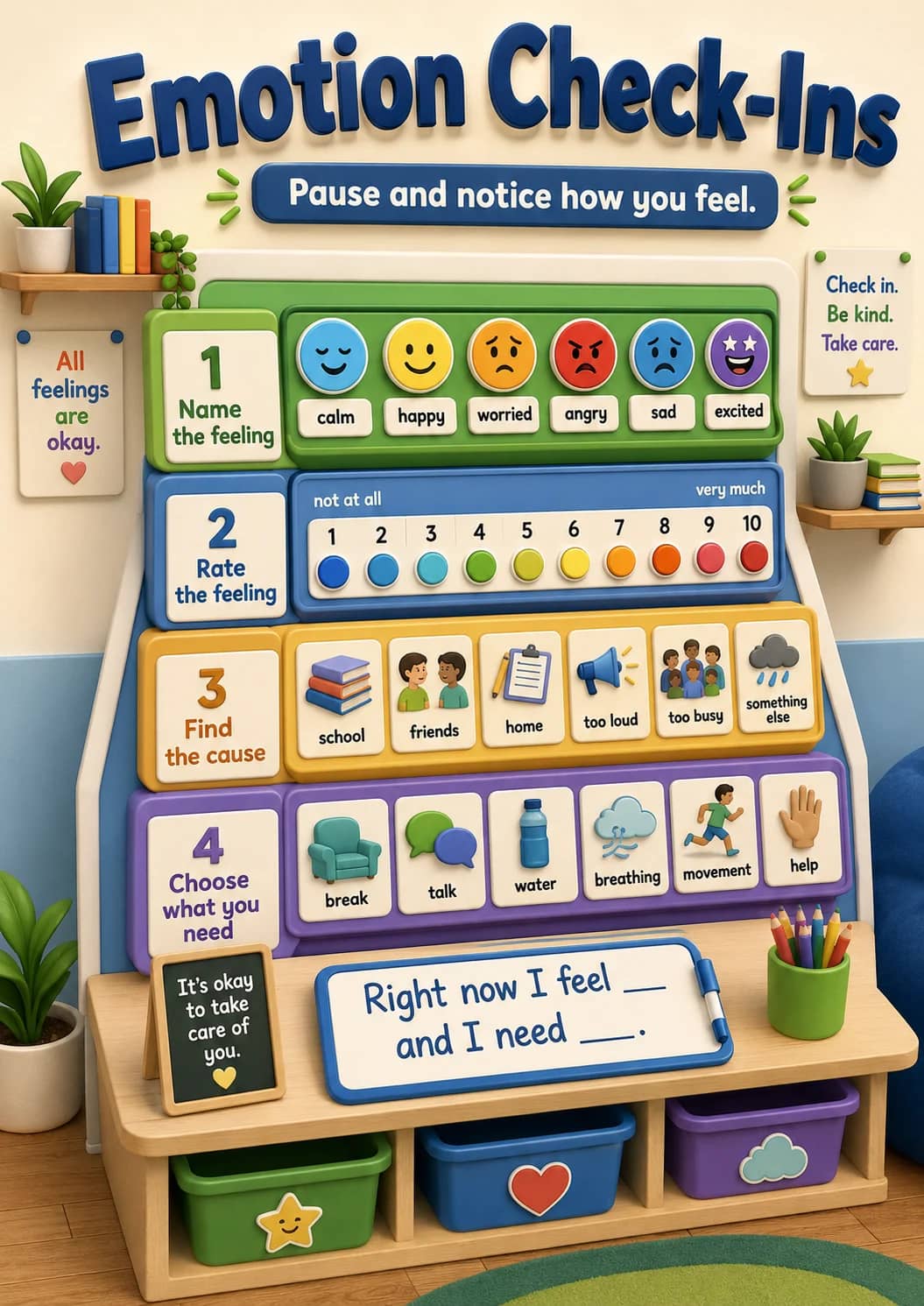 Emotion Check-ins infographic poster showing Pause and notice how you feel., All feelings are okay., Name the feeling, calm and happy for...