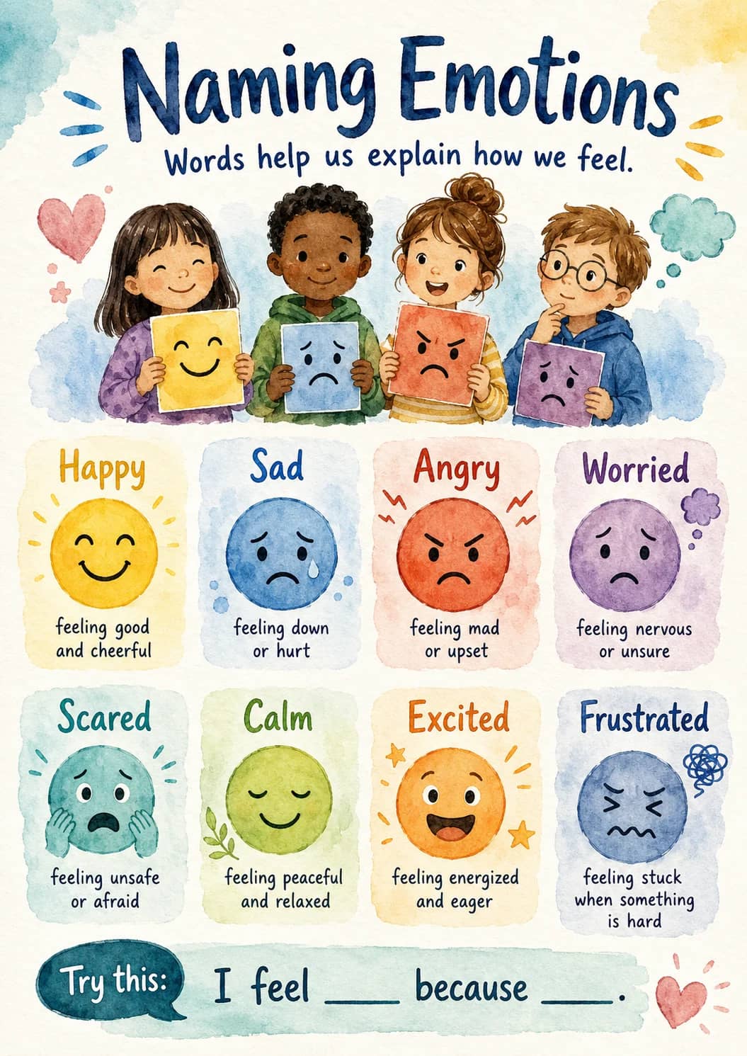 Naming Emotions infographic poster showing Words help us explain how we feel., Happy, feeling good, and cheerful and Sad for Emotions.