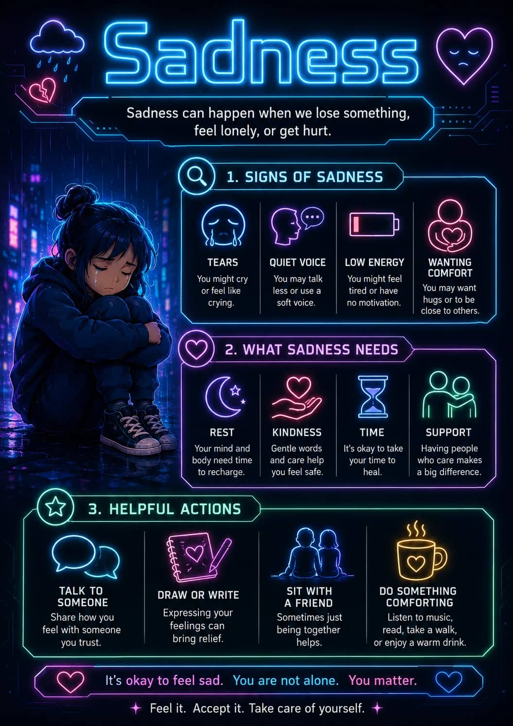 Sadness infographic poster showing Sadness can happen when we lose something, feel lonely, or get hurt., 1. SIGNS OF SADNESS, TEARS, You...