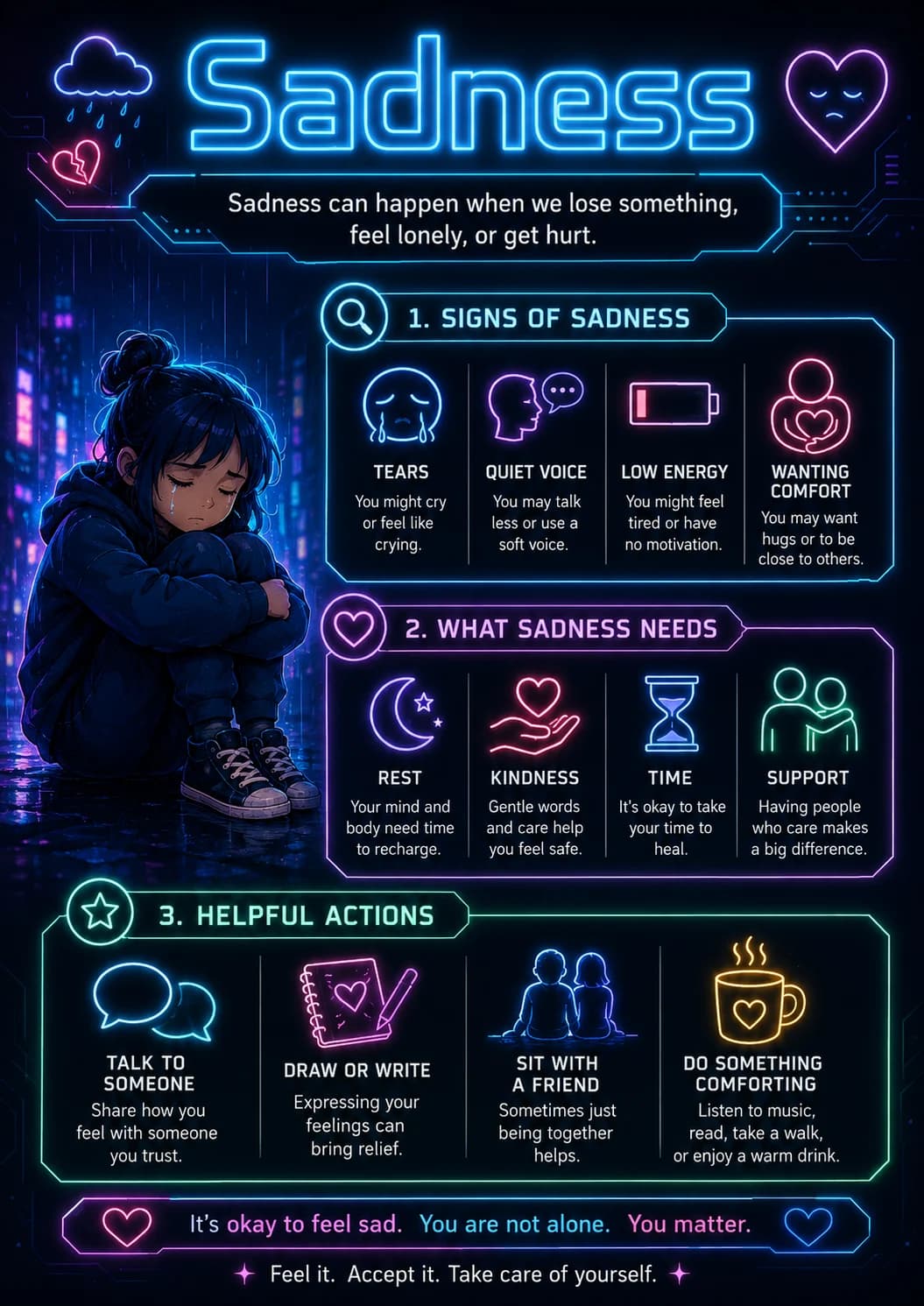 Sadness infographic poster with clear labels for Emotions.
