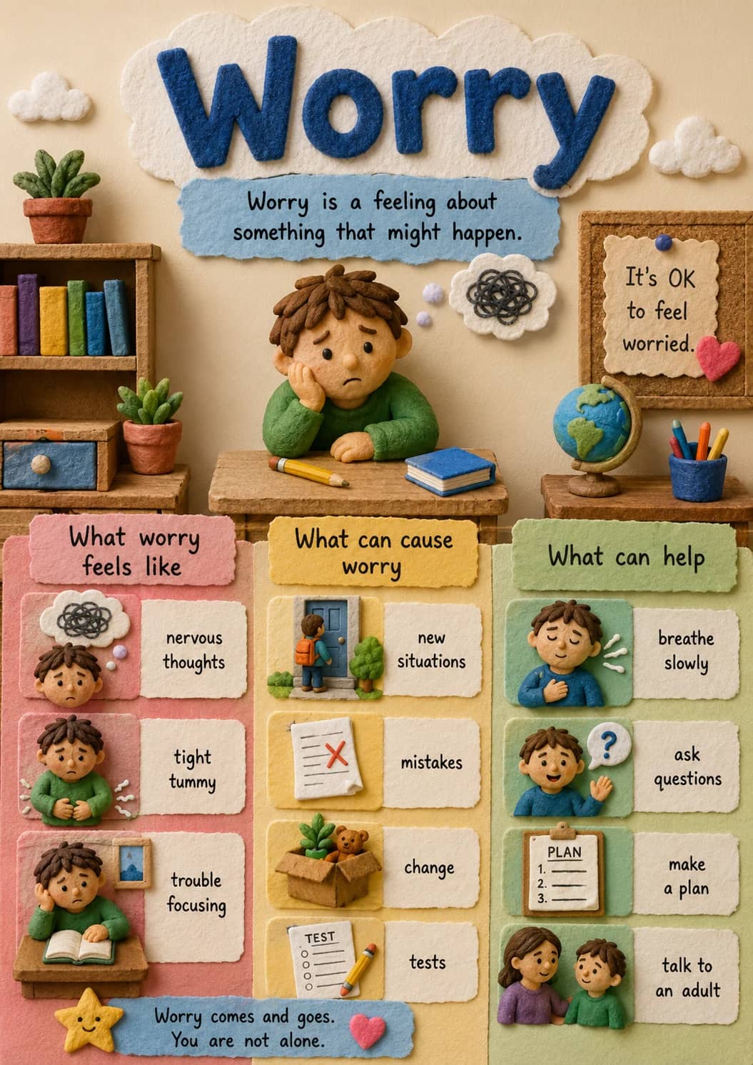 Worry infographic poster showing Worry is a feeling about something that might happen., It's OK to feel worried., What worry feels like,...