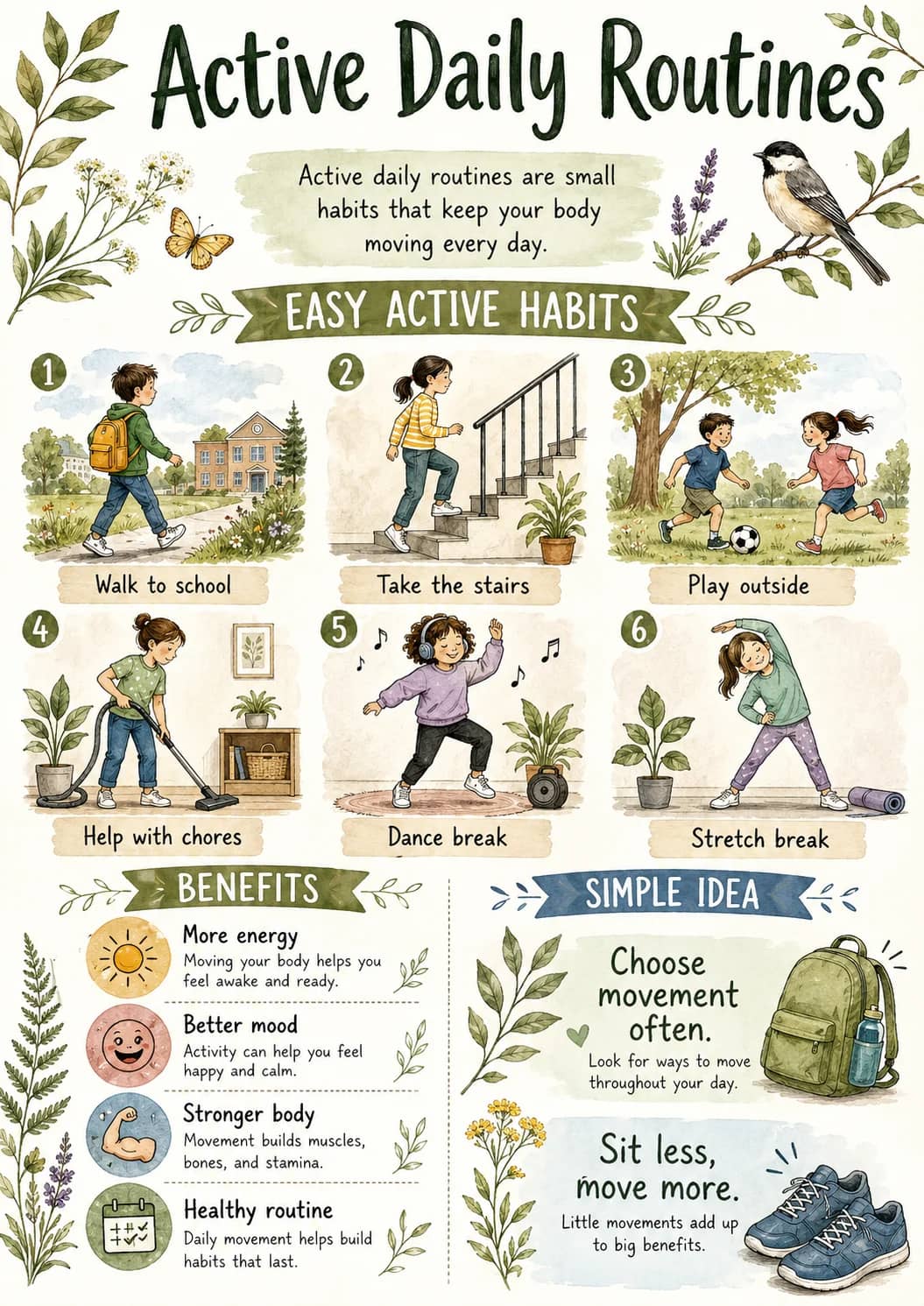 Active Daily Routines infographic poster showing Active daily routines are small habits that keep your body moving every day., EASY ACTIVE...