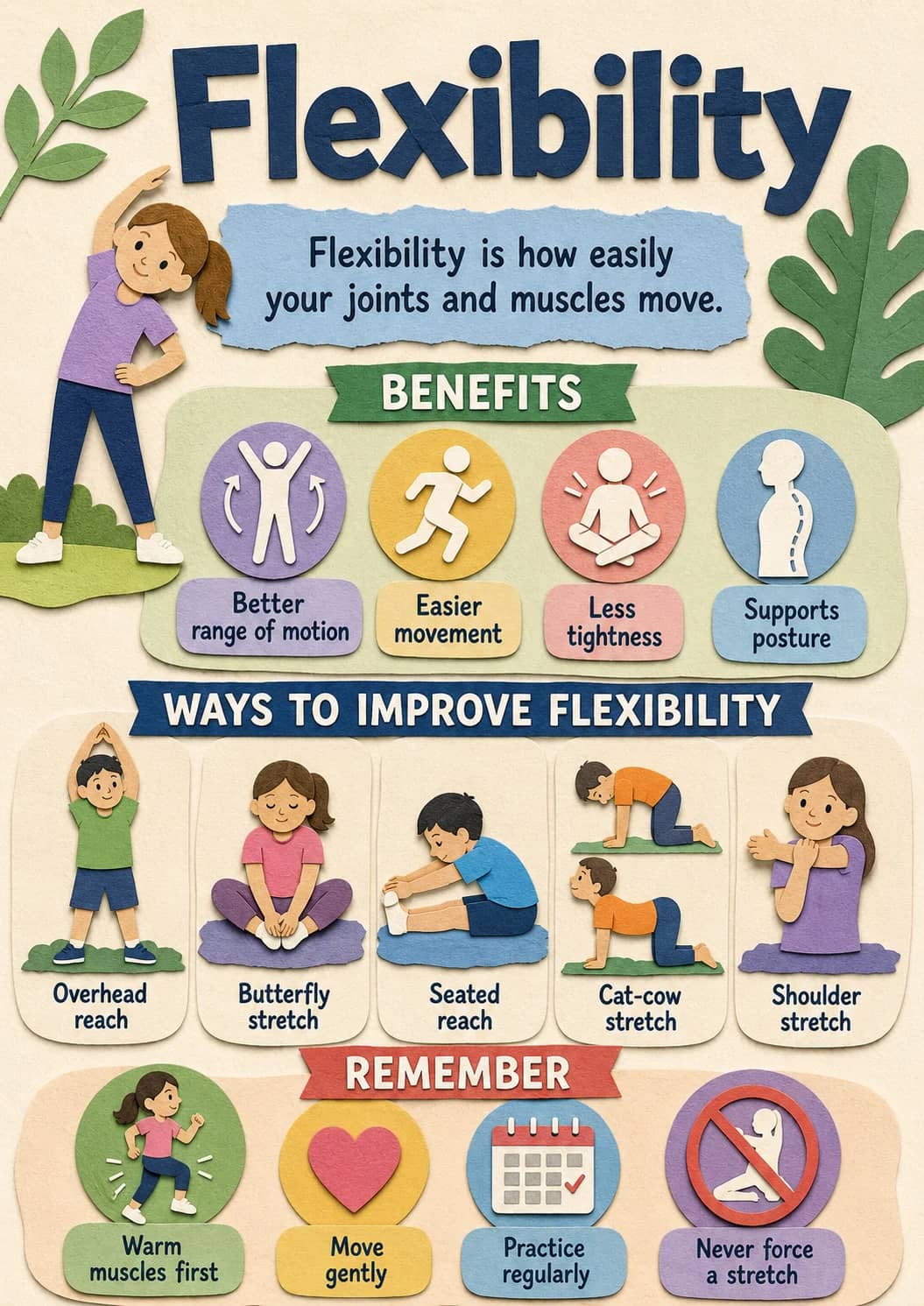 Flexibility infographic poster showing Flexibility is how easily your joints and muscles move., BENEFITS, Better range of motion, Easier...