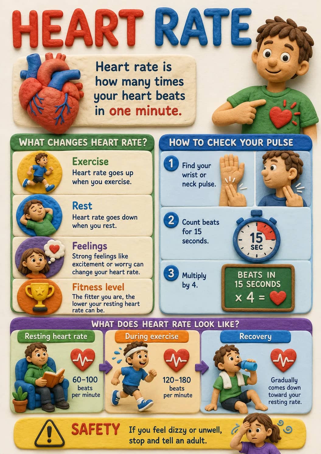 Heart rate infographic poster showing Heart rate is, how many times, your heart beats, in one minute. and WHAT CHANGES HEART RATE? for...