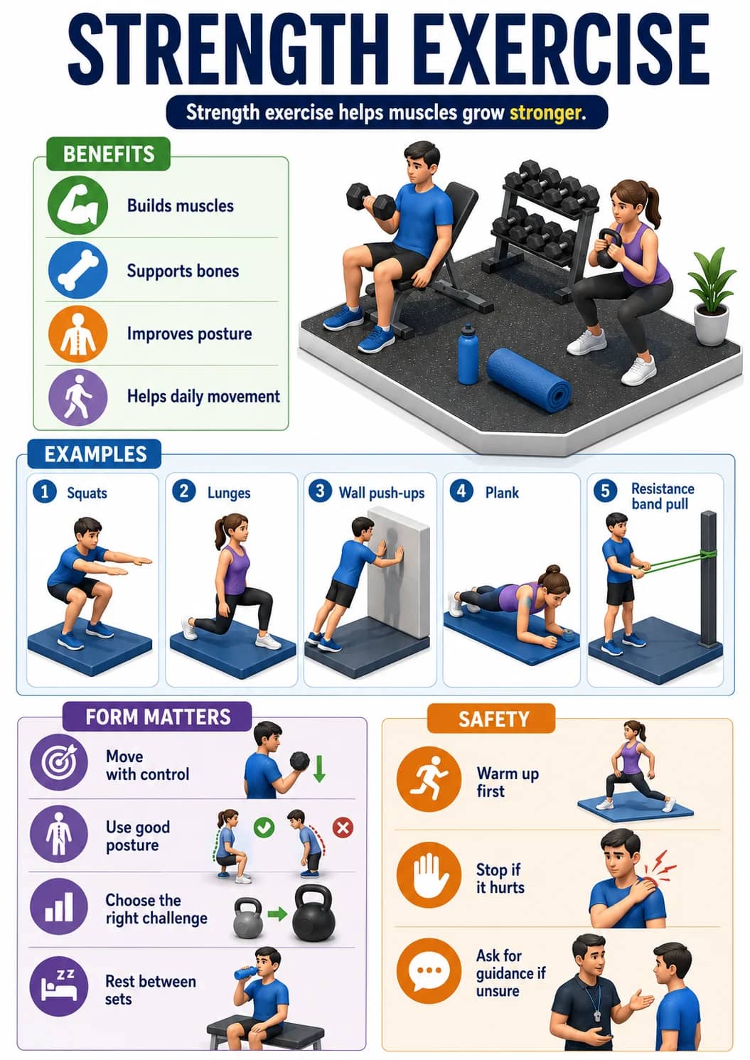 Strength exercise infographic poster showing Strength exercise helps muscles grow stronger., BENEFITS, Builds muscles, Supports bones and...