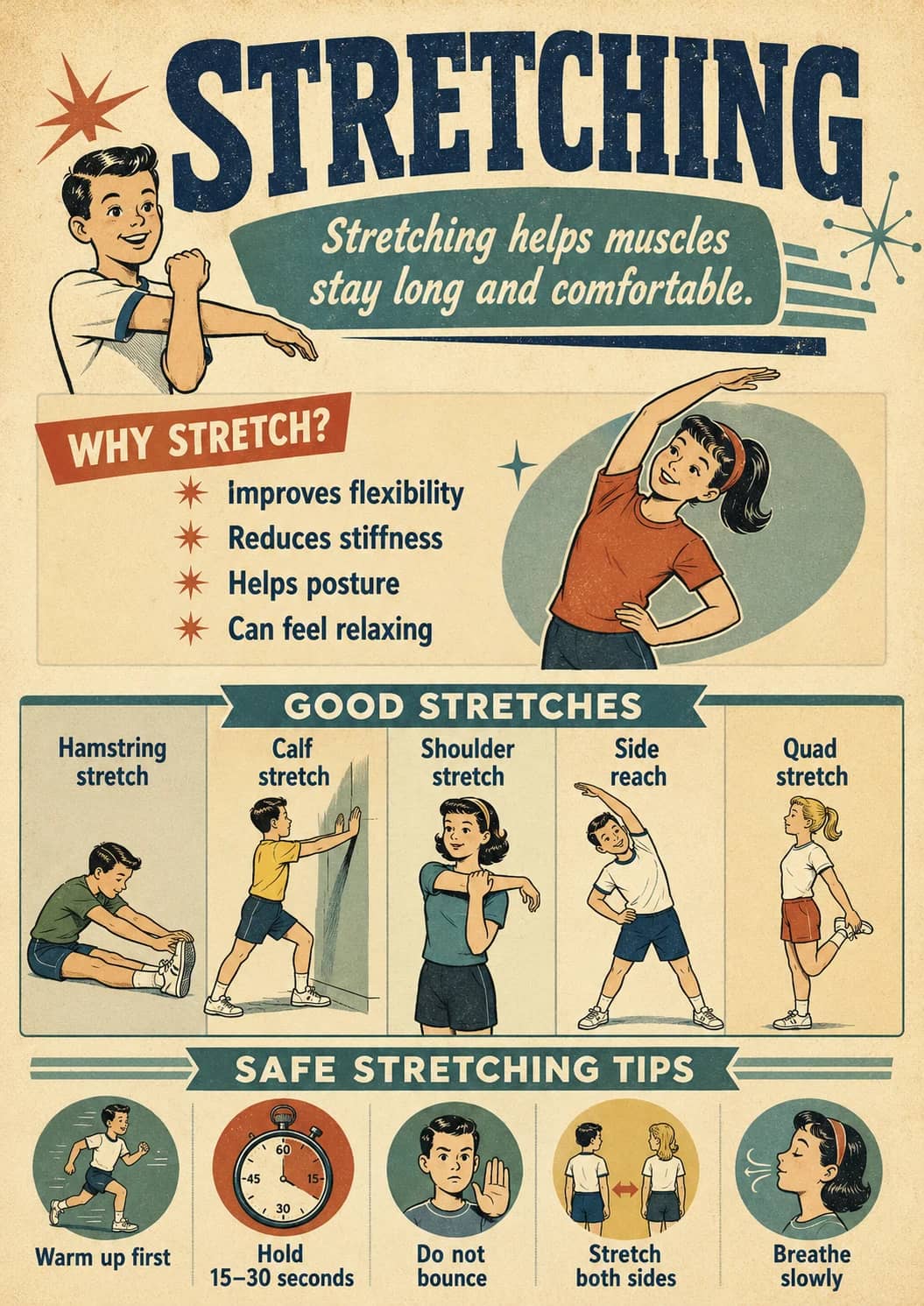 Stretching infographic poster showing Stretching helps muscles stay long and comfortable., WHY STRETCH?, - Improves flexibility, - Reduces...