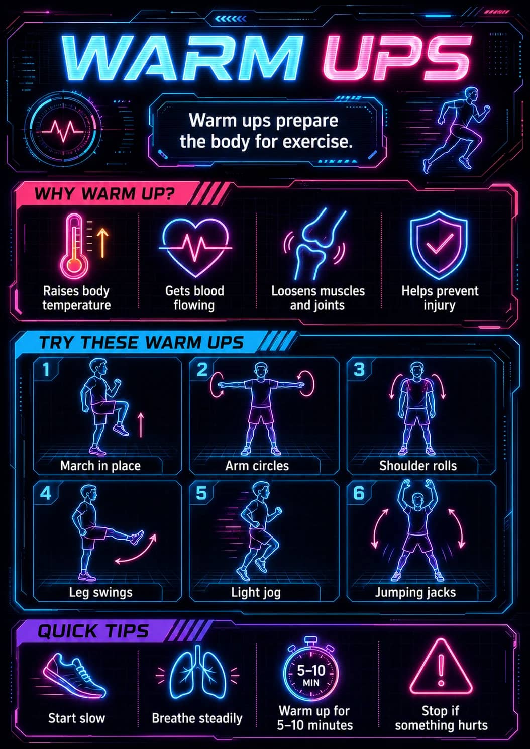 Warm Ups infographic poster showing Warm ups prepare the body for exercise., WHY WARM UP?, Raises body temperature, Gets blood flowing and...