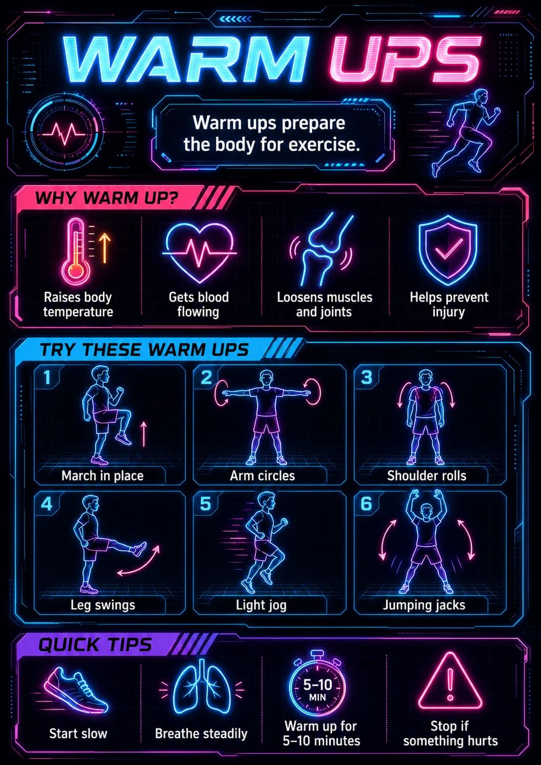 Warm Ups infographic poster with clear labels for Exercise.