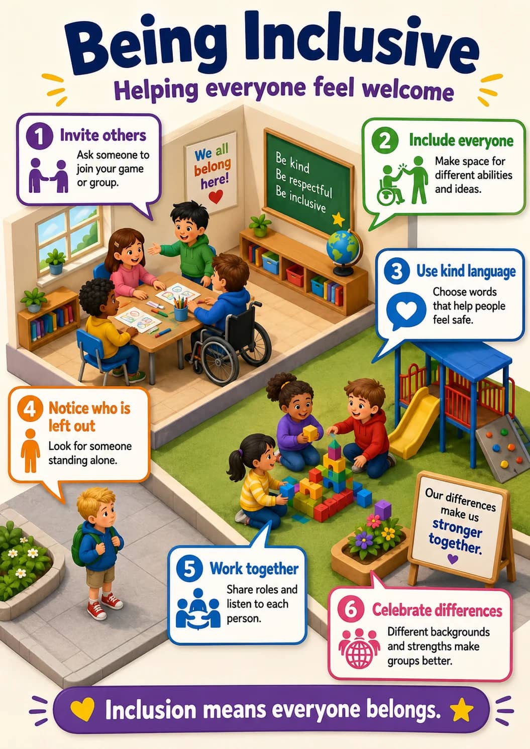 Being Inclusive infographic poster showing Helping everyone feel welcome, 1 Invite others, Ask someone to join your game or group., We all...