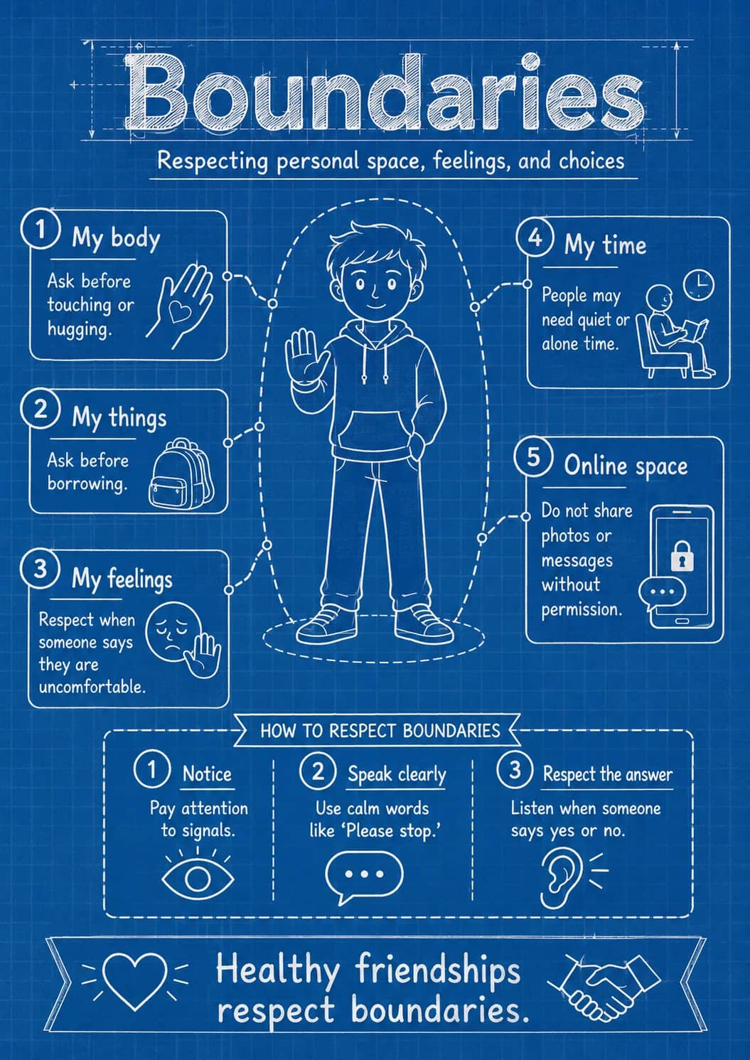 Boundaries infographic poster showing Respecting personal space, feelings, and choices, HOW TO RESPECT BOUNDARIES, 1 Notice, Pay attention...