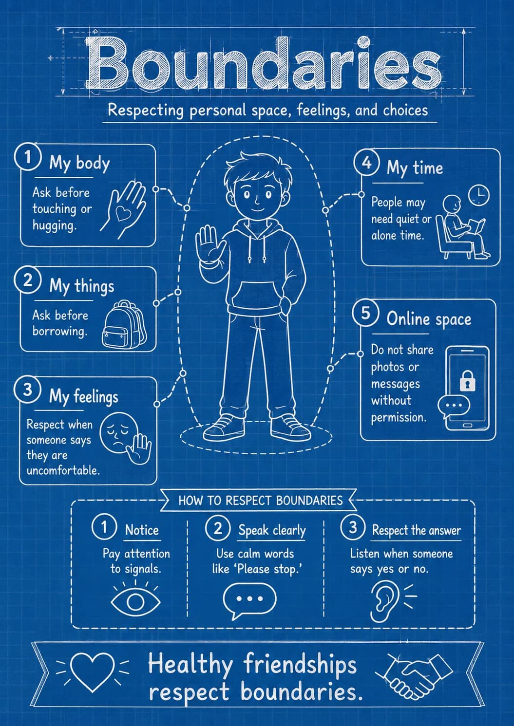 Boundaries infographic poster with clear labels for Friendship.