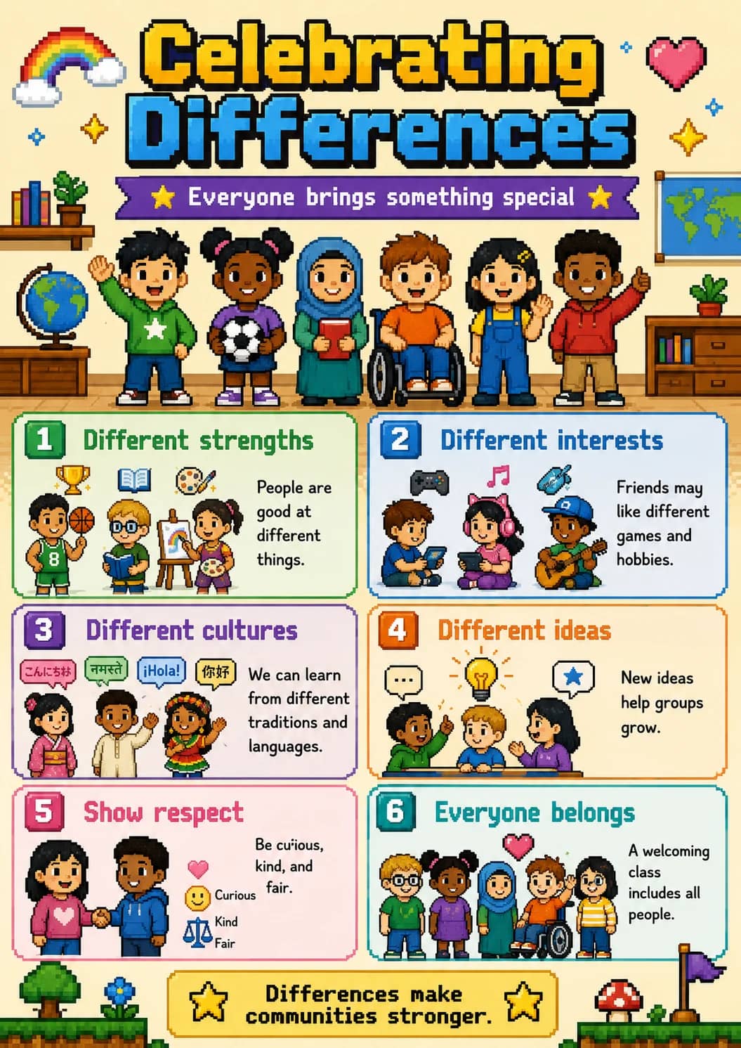 Celebrating Differences infographic poster showing ★ Everyone brings something special ★, 1 Different strengths, People are good at...