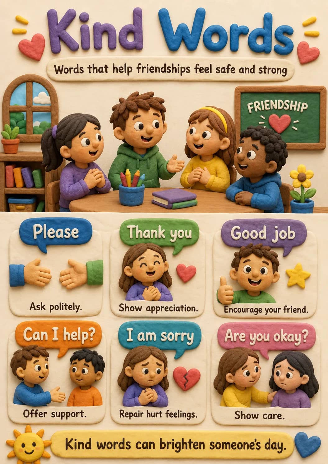Kind Words infographic poster showing Words that help friendships feel safe and strong, Please, Ask politely., Thank you and Show...