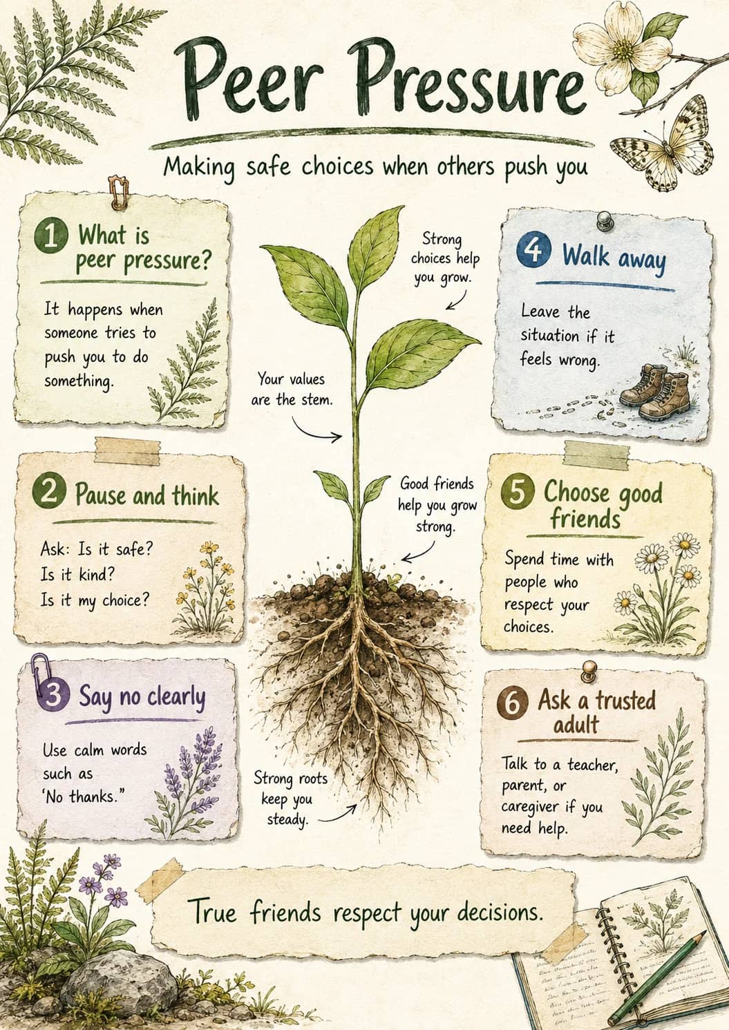 Peer Pressure infographic poster showing Making safe choices when others push you, 1 What is peer pressure?, It happens when someone tries...