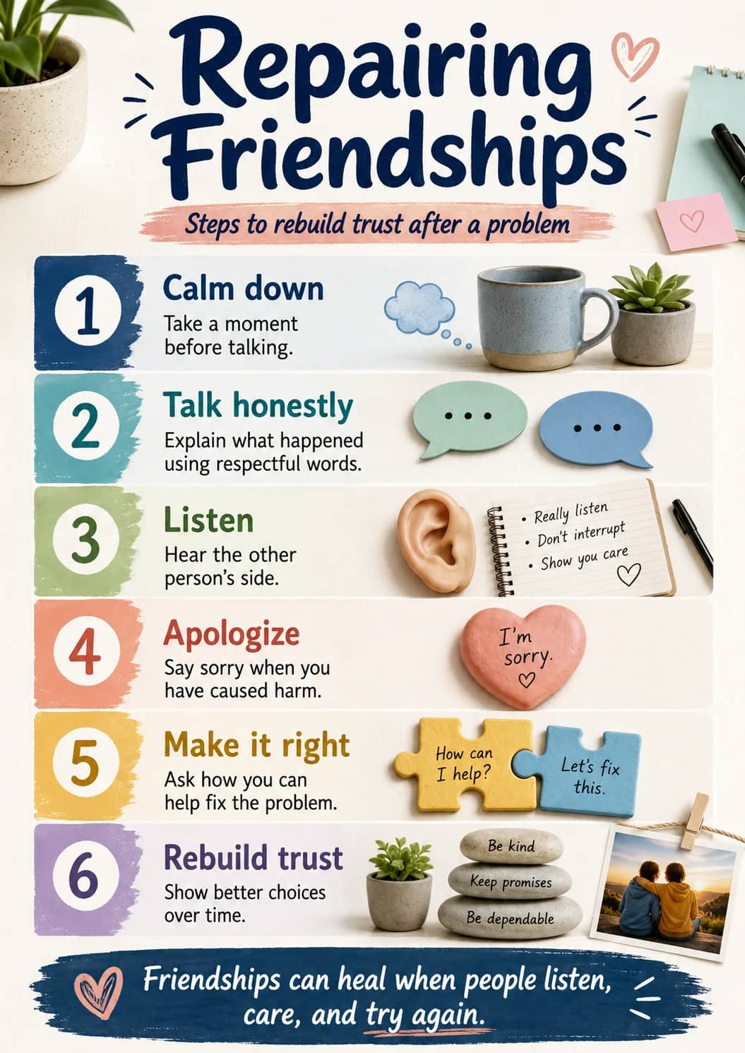 Repairing Friendships infographic poster showing Steps to rebuild trust after a problem, Calm down, Take a moment before talking., Talk...