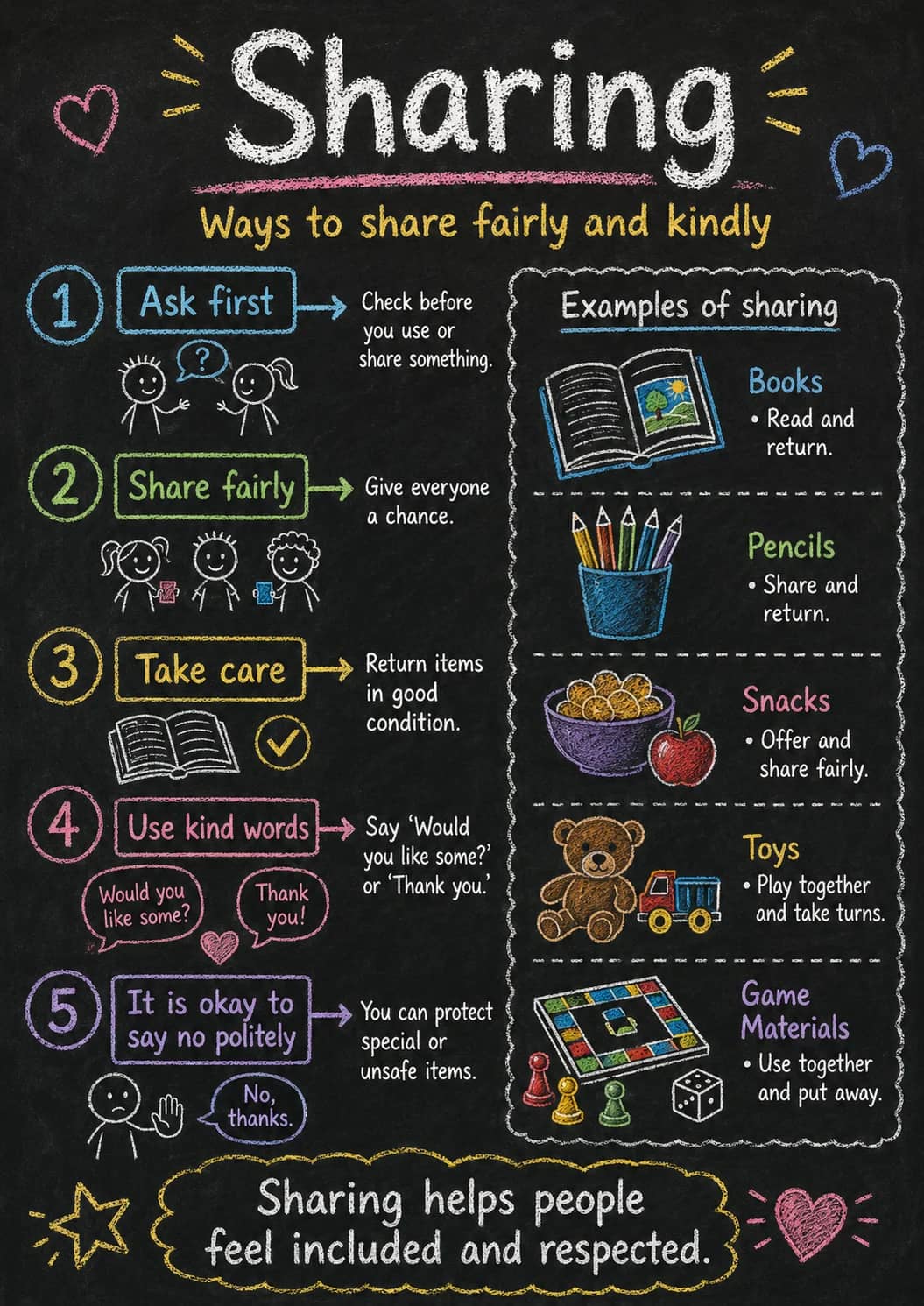 Sharing infographic poster showing Ways to share fairly and kindly, 1. Ask first → Check before you use or share something., 2. Share...