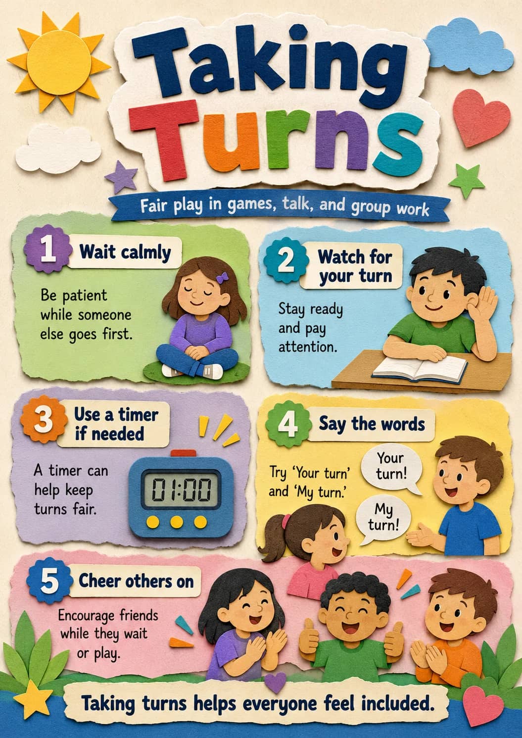 Taking Turns infographic poster showing Fair play in games, talk, and group work, 1 Wait calmly, Be patient while someone else goes...