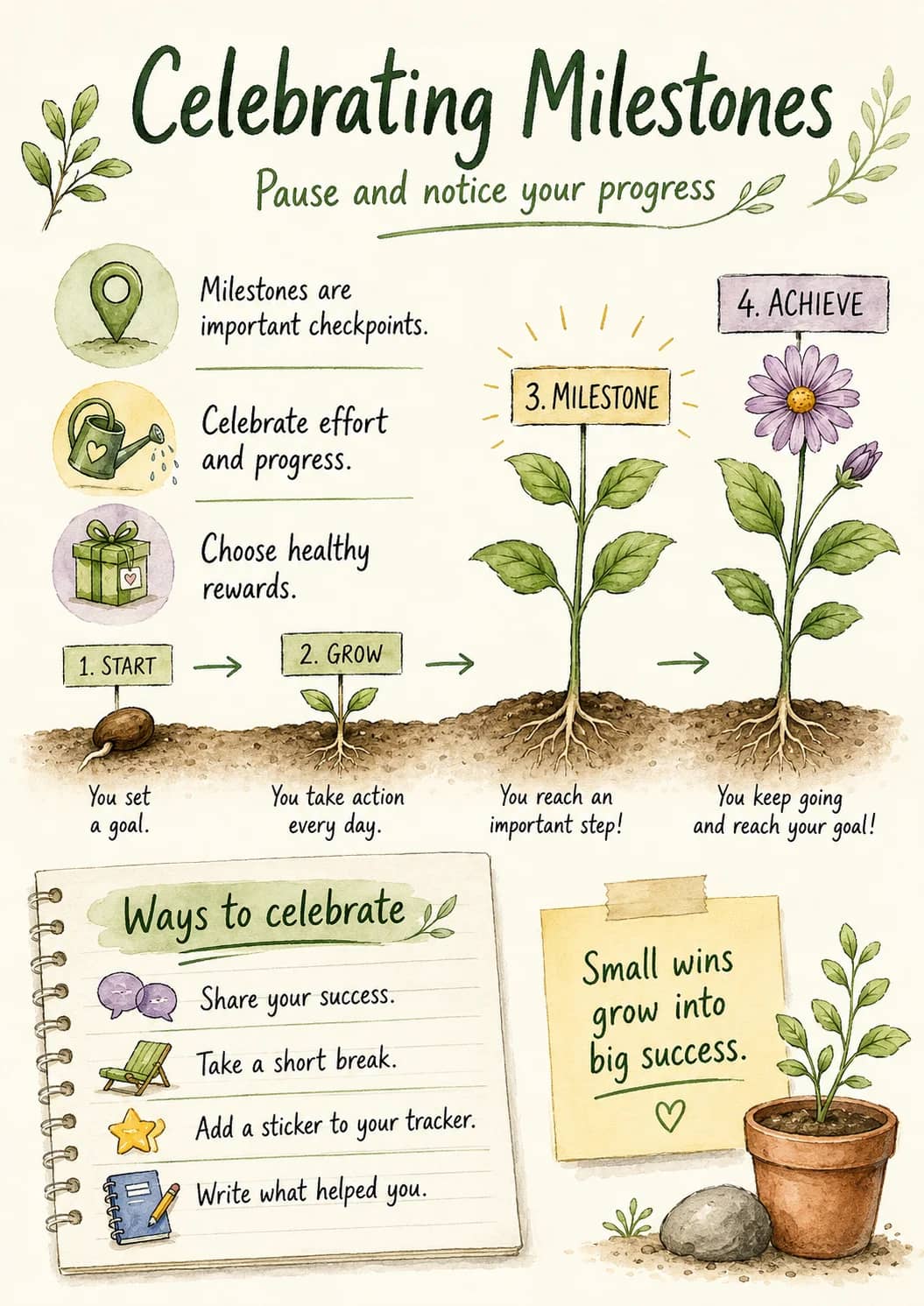 Celebrating milestones infographic poster showing Pause and notice your progress, Milestones are, important checkpoints., Celebrate effort...