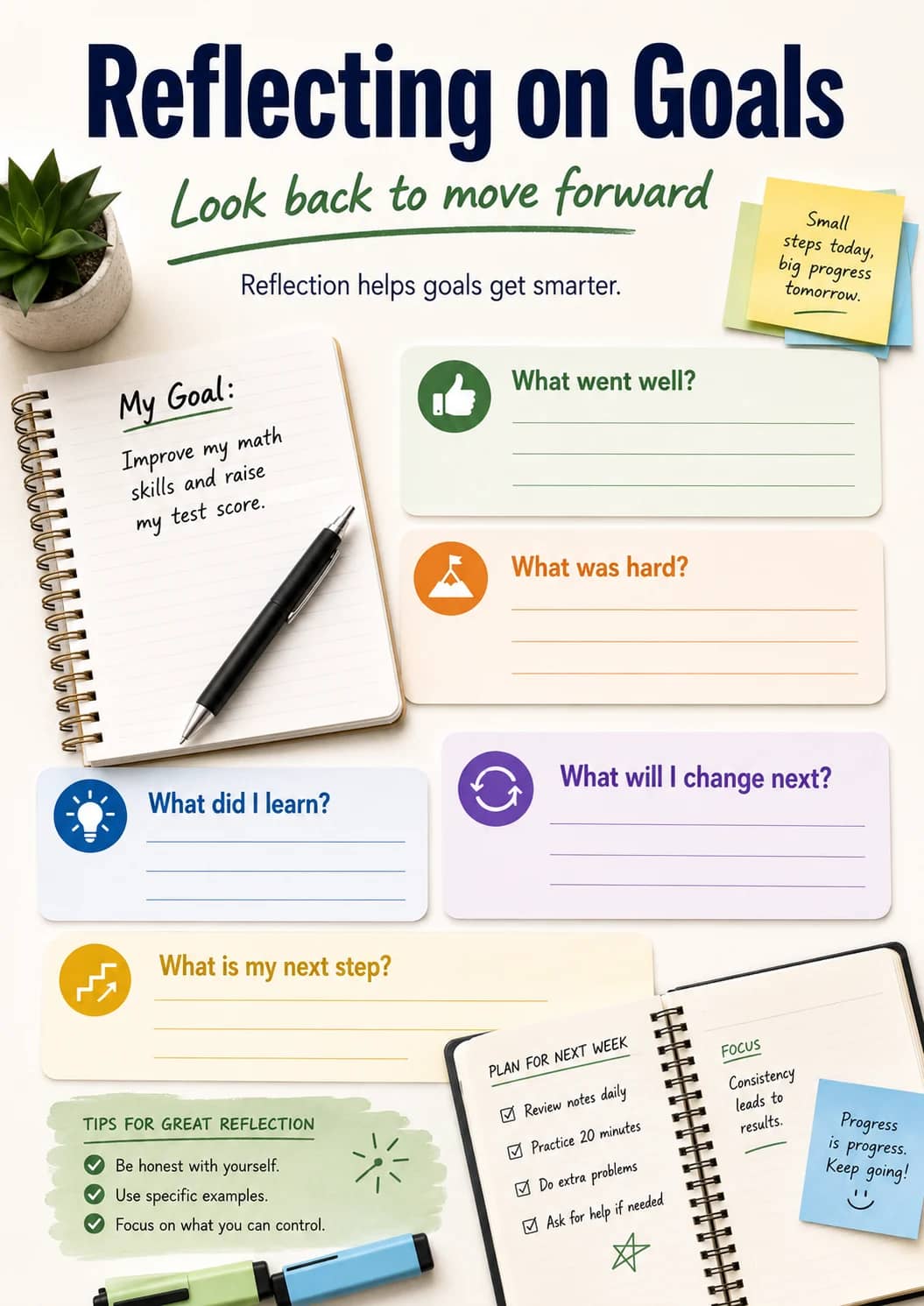 Reflecting on Goals infographic poster showing Look back to move forward, Reflection helps goals get smarter., Small steps today, big...