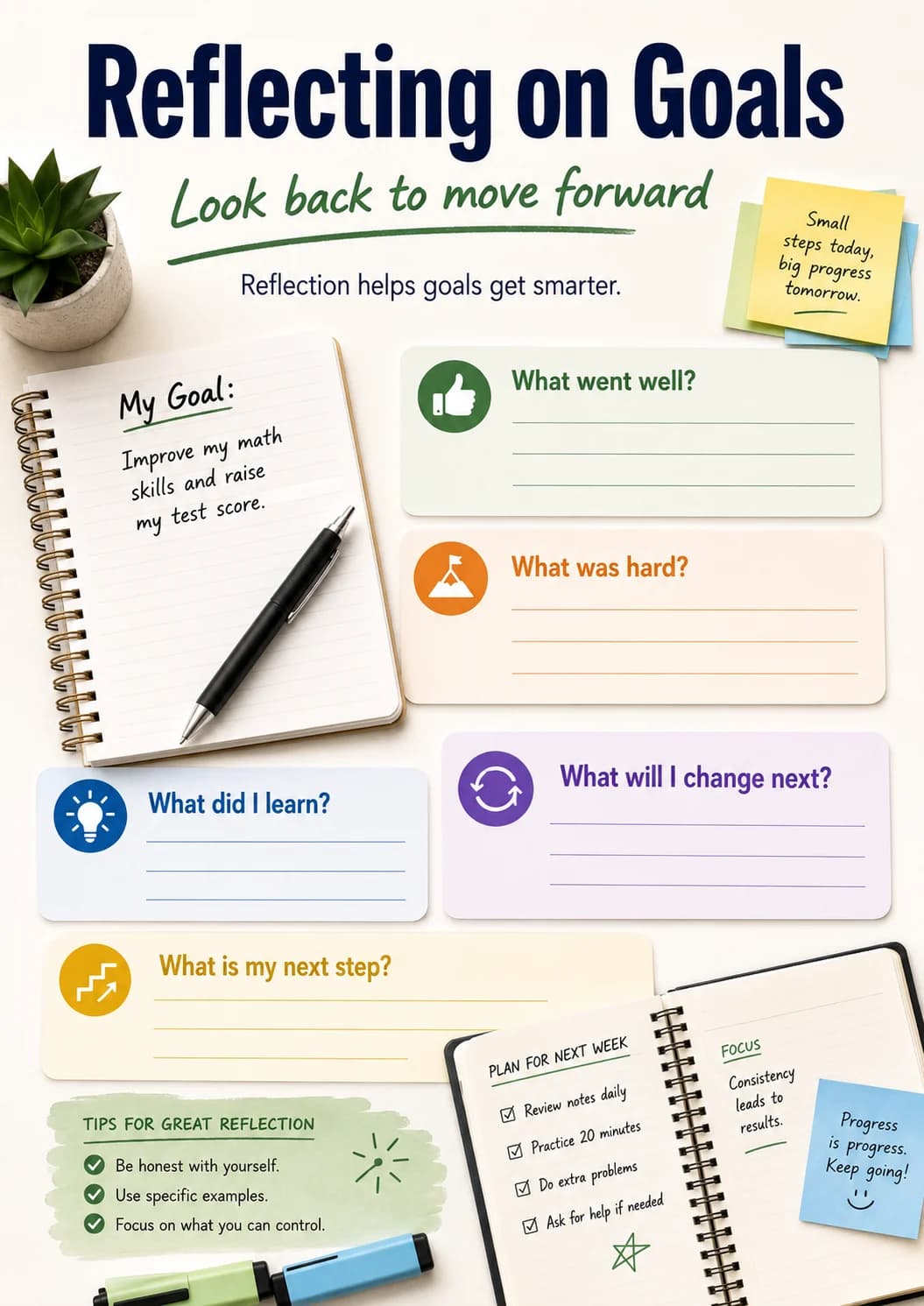 Reflecting on Goals infographic poster with clear labels for Goals.