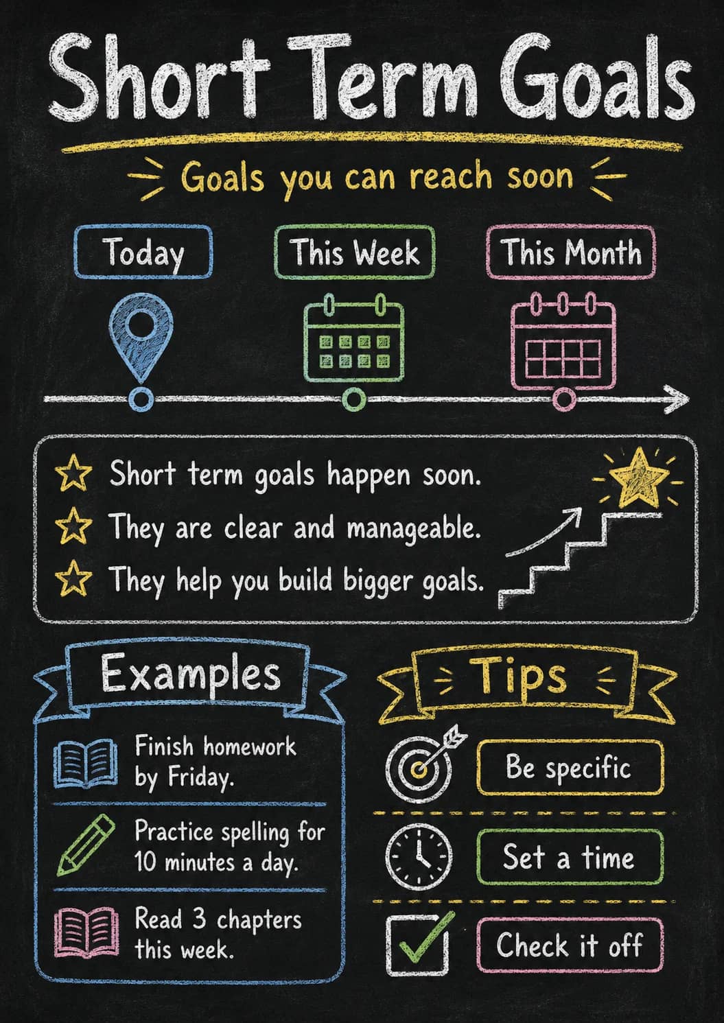 Short Term Goals infographic poster showing Goals you can reach soon, Today, This Week, This Month and Short term goals happen soon. for...