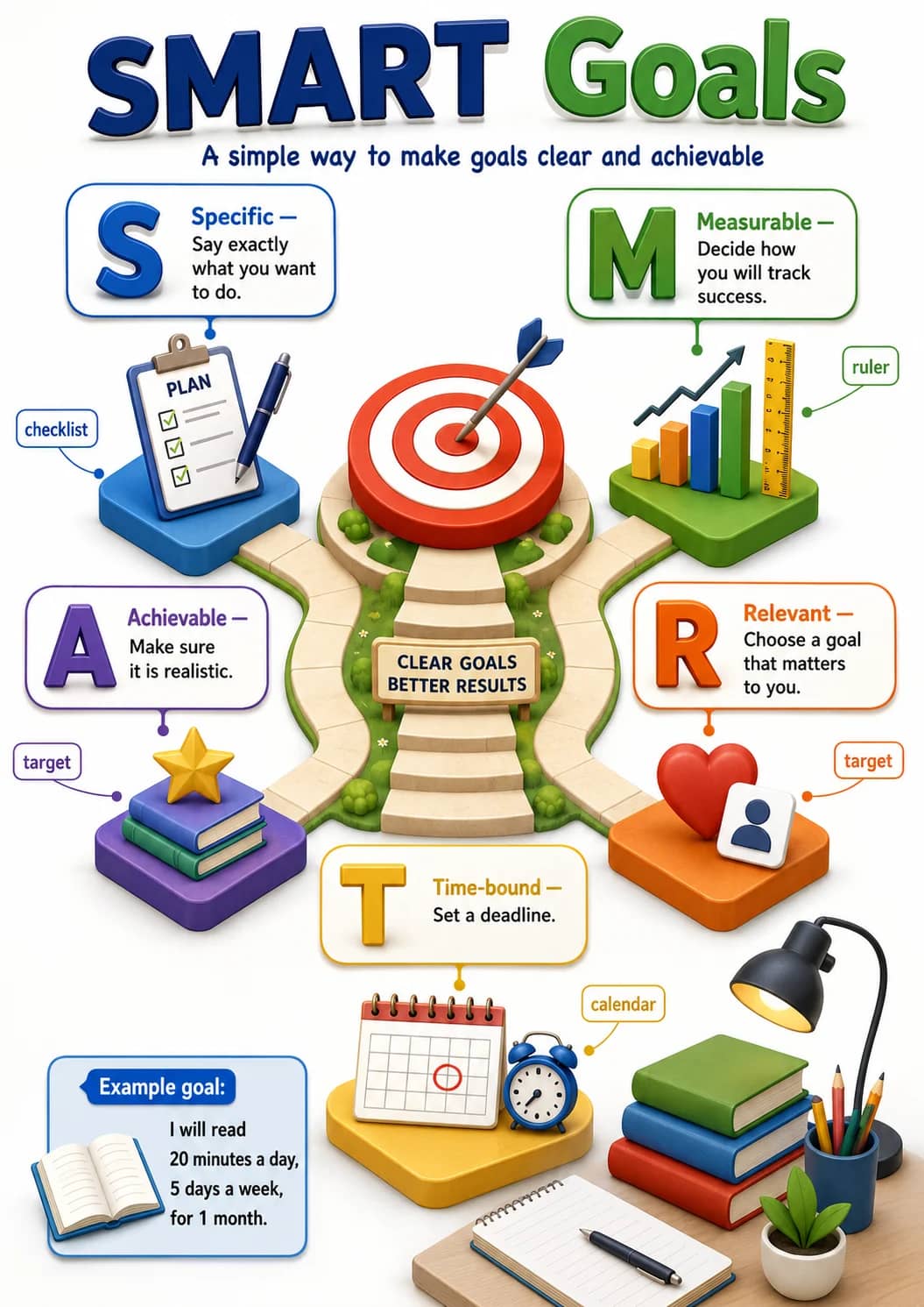 Smart Goals infographic poster showing A simple way to make goals clear and achievable, Specific —, Say exactly, what you want and to do....