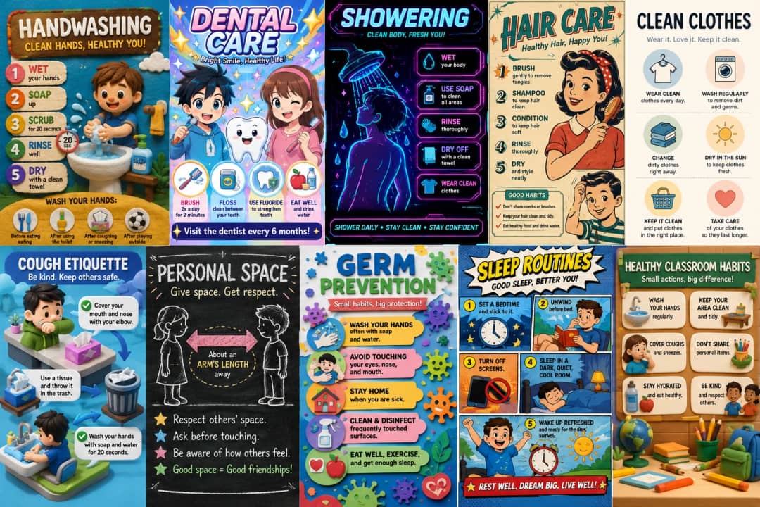 Handwashing infographic poster showing CLEAN HANDS, HEALTHY YOU!, 1 WET your hands, 2 SOAP up, 3 SCRUB for 20 seconds and 4 RINSE well for...