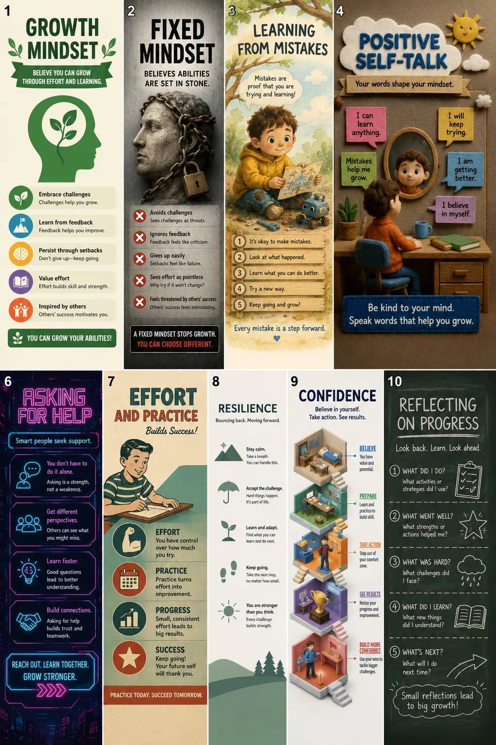 Growth infographic poster showing BELIEVE YOU CAN GROW, THROUGH EFFORT AND LEARNING., - Embrace challenges, Challenges help you grow. and...