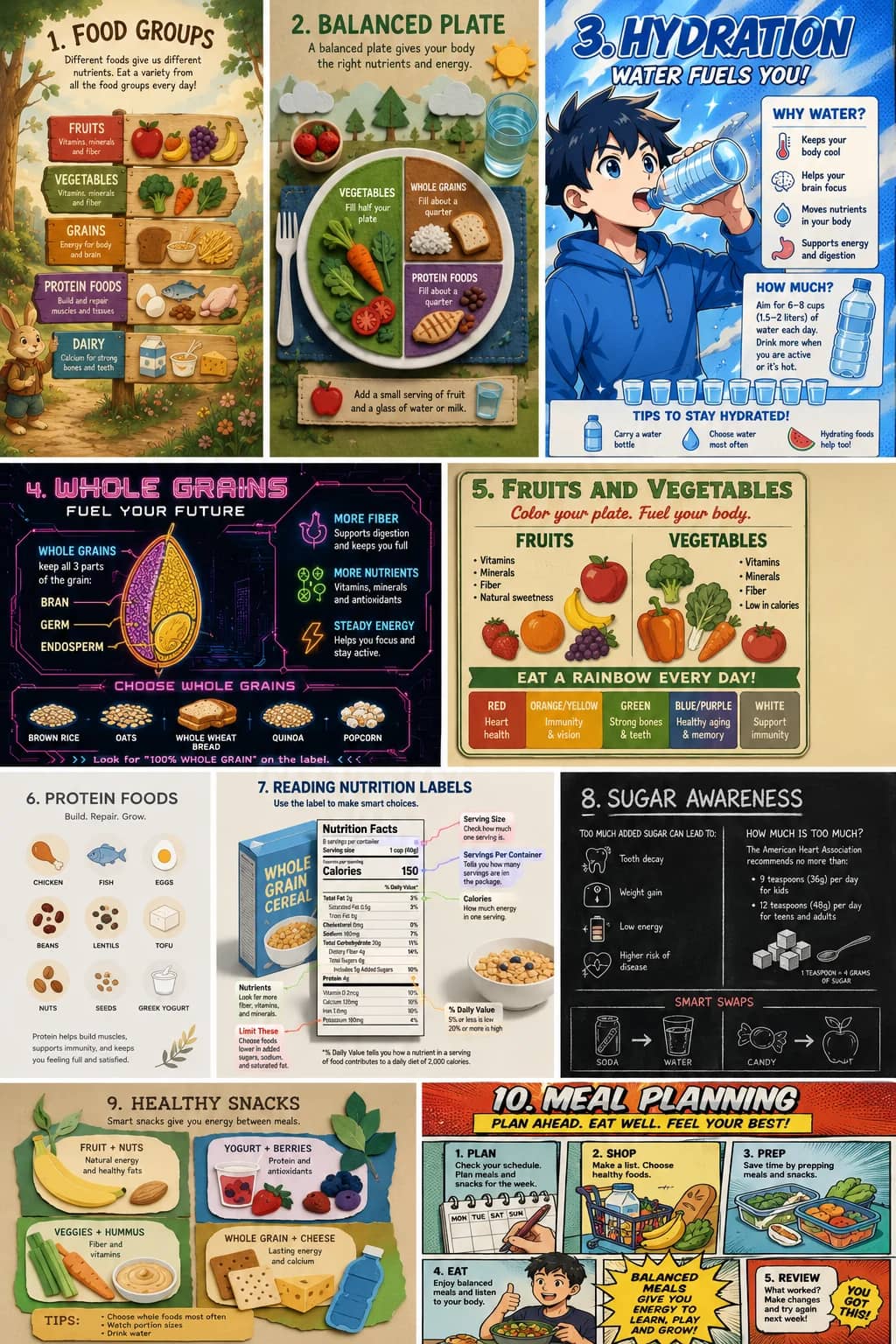 2. Balanced Plate infographic poster showing A balanced plate gives your body the right nutrients and energy., 3. HYDRATION, WATER FUELS...