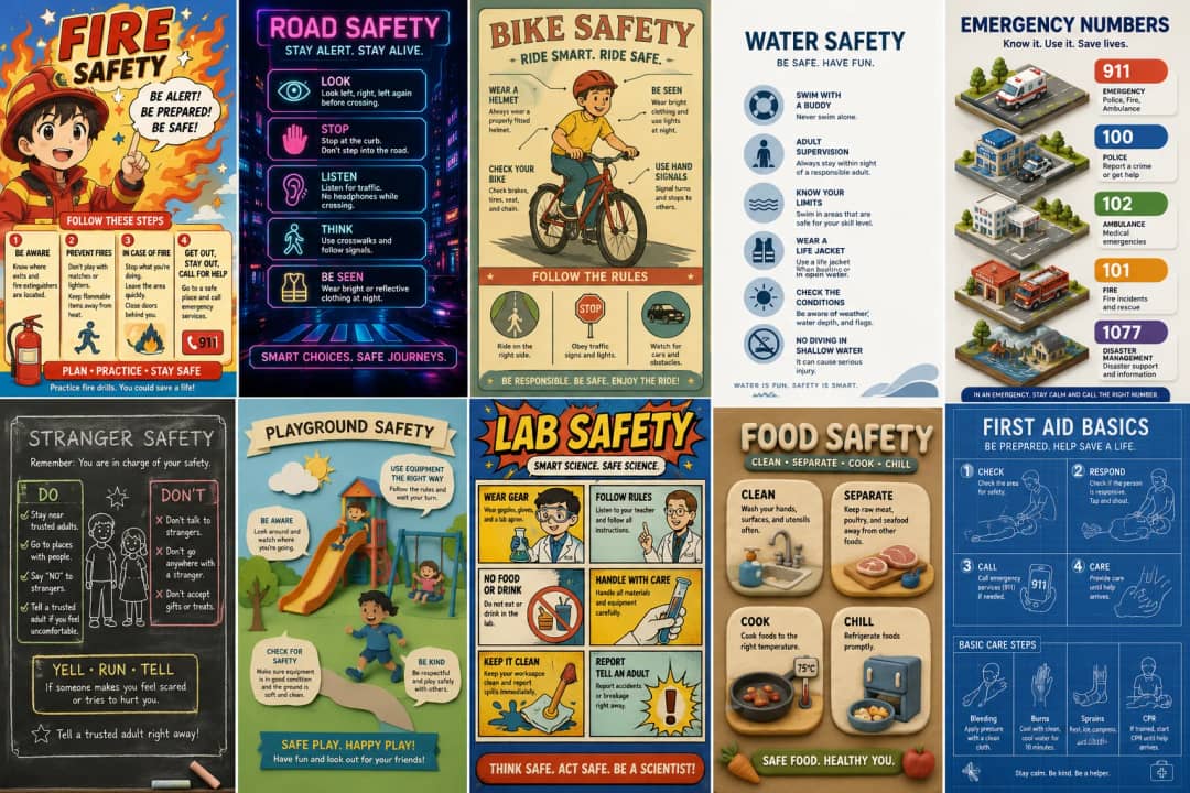 Fire safety infographic poster showing BE ALERT!, BE PREPARED!, BE SAFE!, FOLLOW THESE STEPS and 1 BE AWARE for Safety.