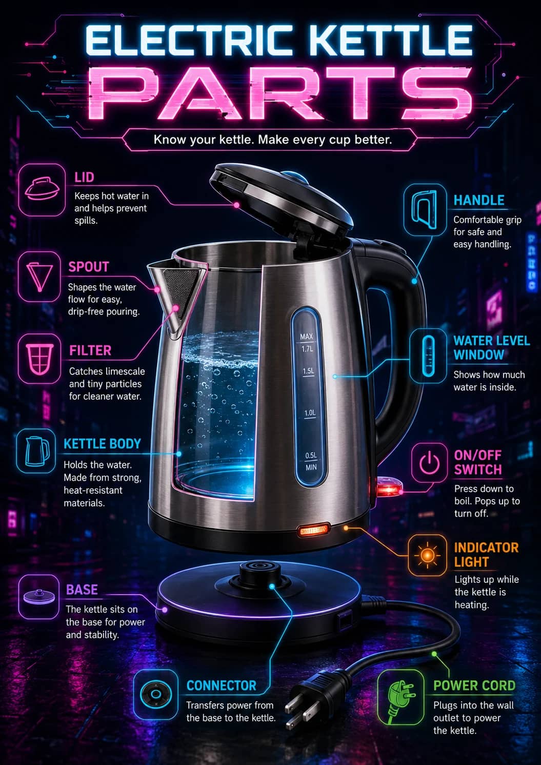 Electric kettle parts infographic poster showing Know your kettle. Make every cup better., LID, Keeps hot water in and helps prevent...