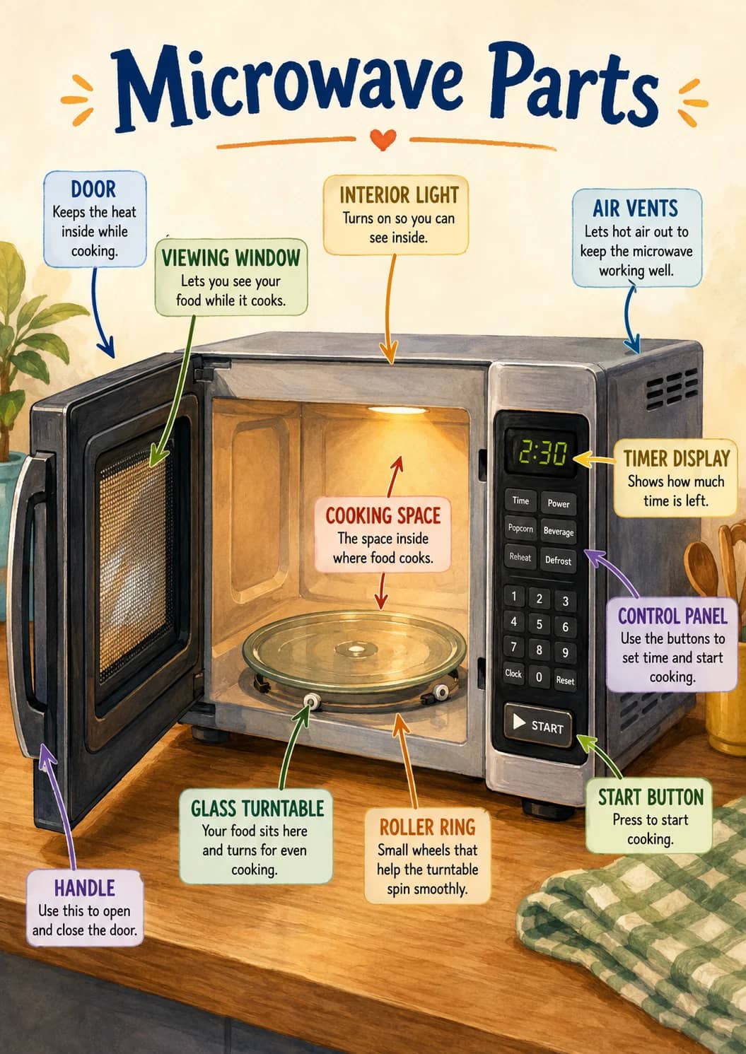 Microwave parts infographic poster showing DOOR, Keeps the heat inside while cooking., VIEWING WINDOW, Lets you see your food while it...