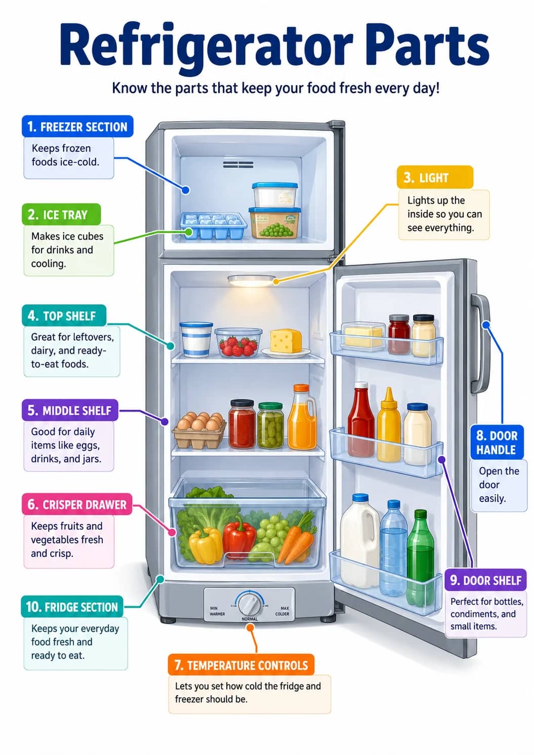 Refrigerator parts infographic poster showing Know the parts that keep your food fresh every day!, 1. FREEZER SECTION, Keeps frozen foods...