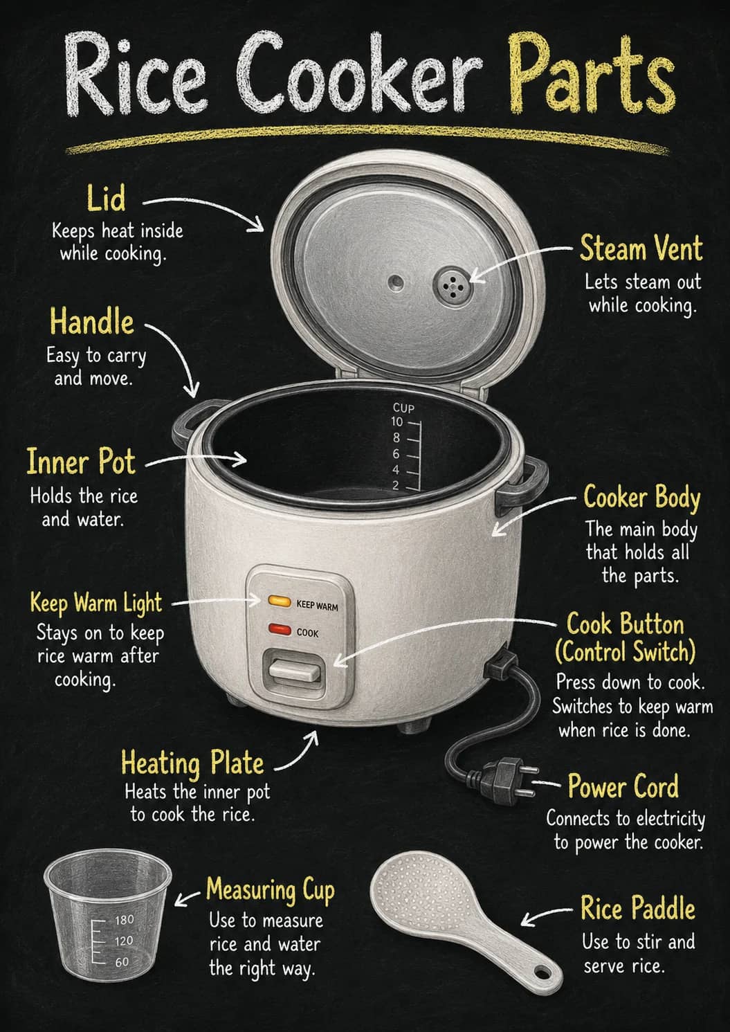 Rice cooker parts infographic poster showing Lid, Keeps heat inside, while cooking., Handle and Easy to carry for Home Appliances.