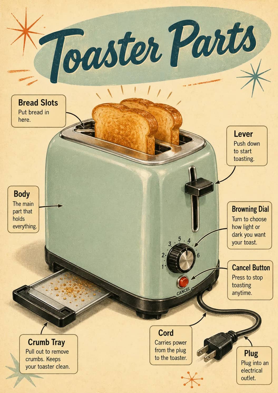 Toaster parts infographic poster showing Bread Slots, Put bread in here., Body, The main part that holds everything. and Crumb Tray for...