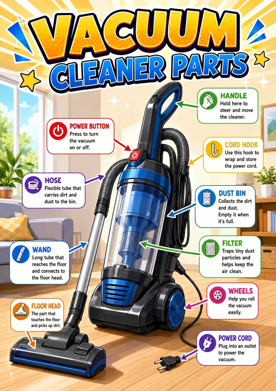 Vacuum cleaner parts infographic poster showing POWER BUTTON, Press to turn the vacuum on or off., HOSE, Flexible tube that carries dirt...