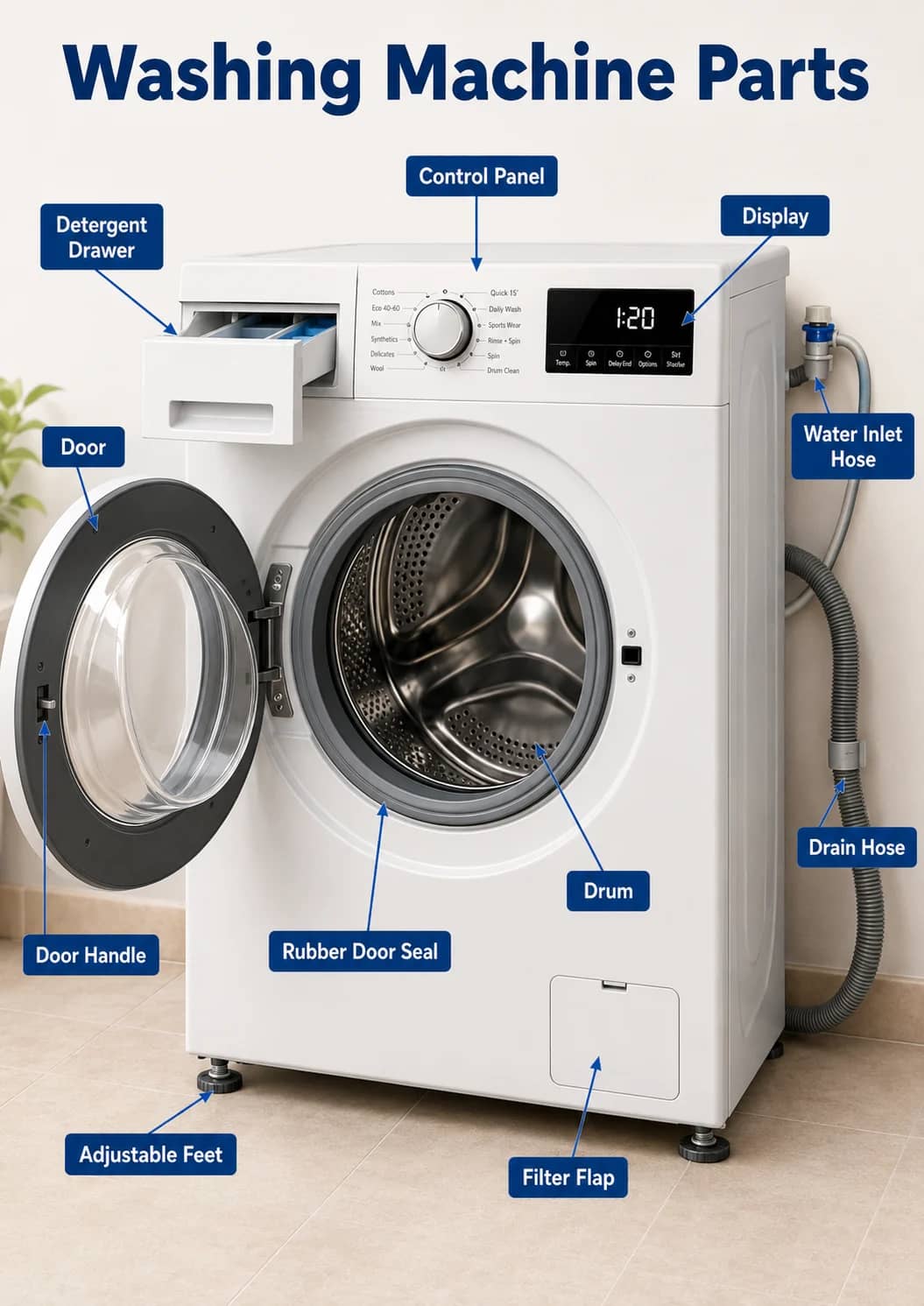 Washing machine parts infographic poster showing Washing Machine Parts for Home Appliances.